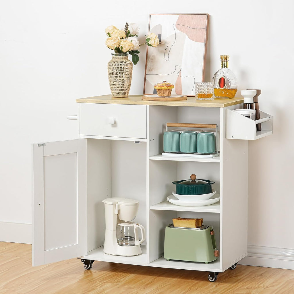 HOOBRO Kitchen Island, Storage Cabinet with Drawer, Kitchen Cart with Spice and Towel Rack, Saving Space, Easy Assembly, for Living Room, White and Natural WN12ZD01