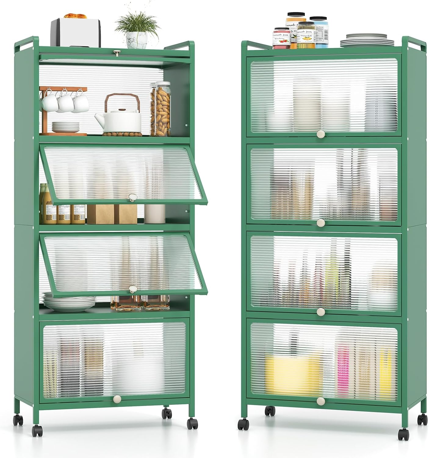 SIMOE Green 5-Tier Kitchen Storage Cabinet, Mobile Microwave Stand with Flip-Up PC Doors, Freestanding Baker's Rack w/ 4 Rolling Casters for Dining Room, Living Room and Study
