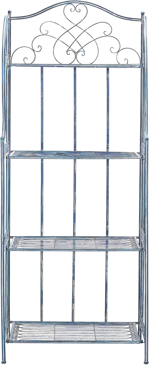 SAFAVIEH Outdoor - Amaris 4-Tier Bakers Rack - Mossy Blue Iron Metal - Vintage Victorian Scrollwork - Ideal for Patio, Deck, Porch, Sunroom, 14.5' W x 25' D x 63' H (PAT5014C)
