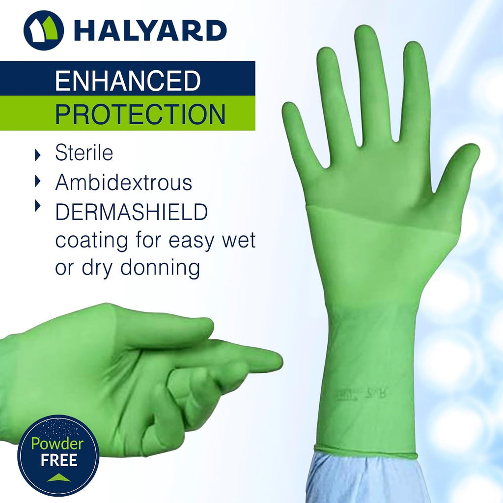 HALYARD Micro Surgical Gloves Sterile Polyisoprene Individually Wrapped Pairs Powder Free Medical Disposable Gloves, 7.9 mil, Size 5.5 XS, Green, SGL90055 (Box of 50 Pairs - 100 Total)