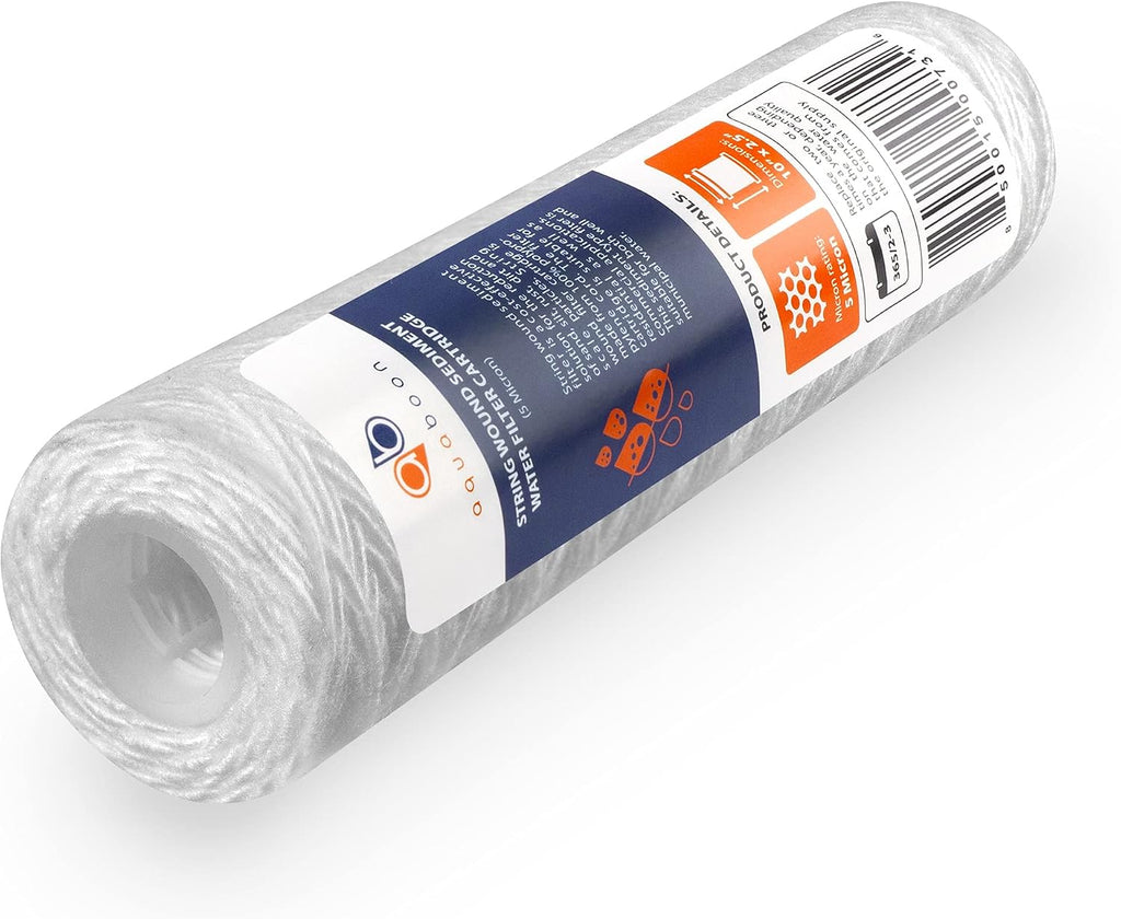 Aquaboon Whole House 5 Micron 10 x 2.5 String Wound Sediment Water Filter Cartridge Replacement Compatible with Well Water Filter WHKF-WHSW, 50-Pack