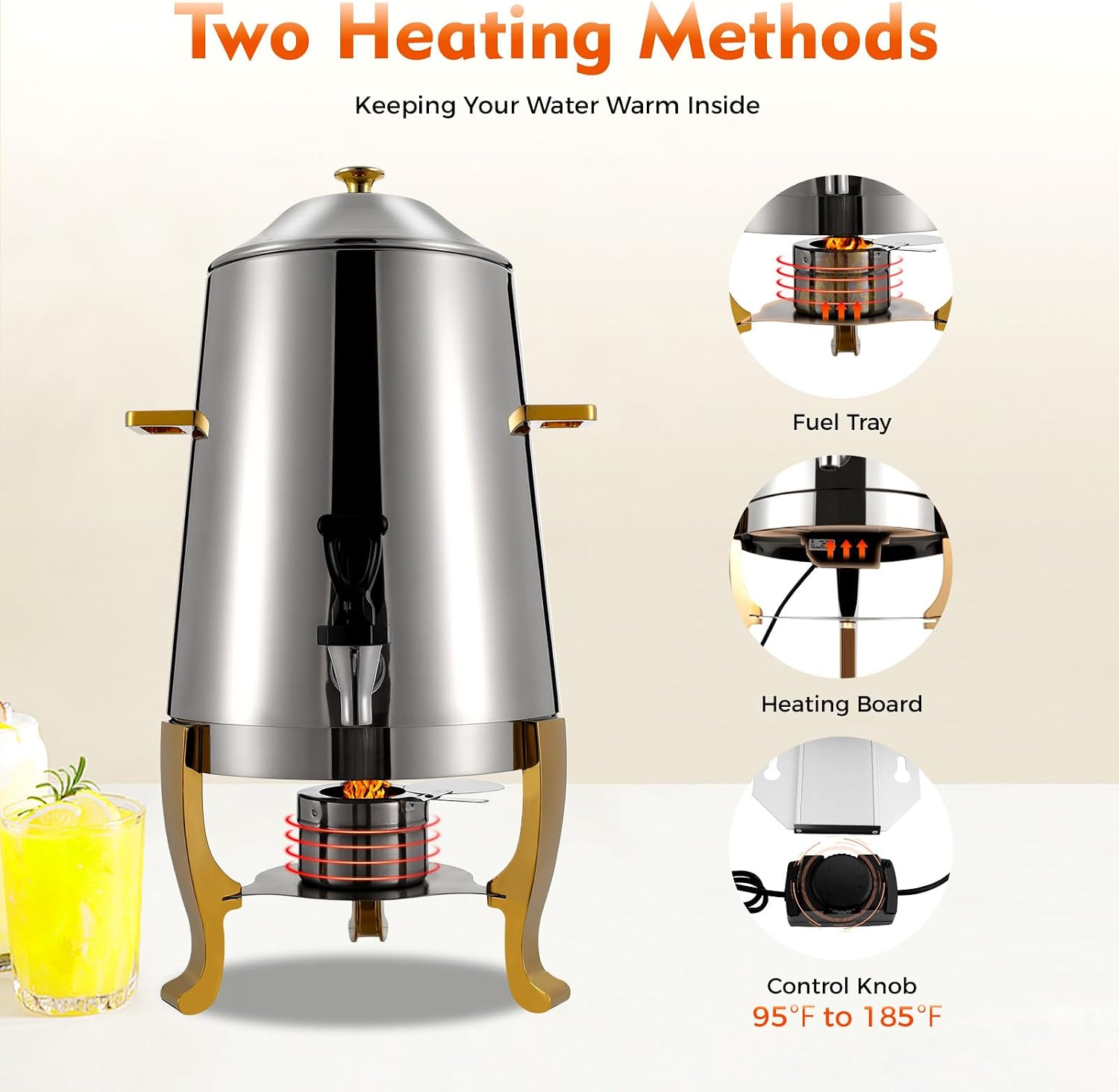 13L/3.5 Gallon Hot Beverage Dispenser, Electric Stainless Steel Coffee Chafer Urn, Fuel Tray Holder, Drink Dispenser with Gold Accent and Ice Container for Hot & Cold Drinks, Party Event Buffet