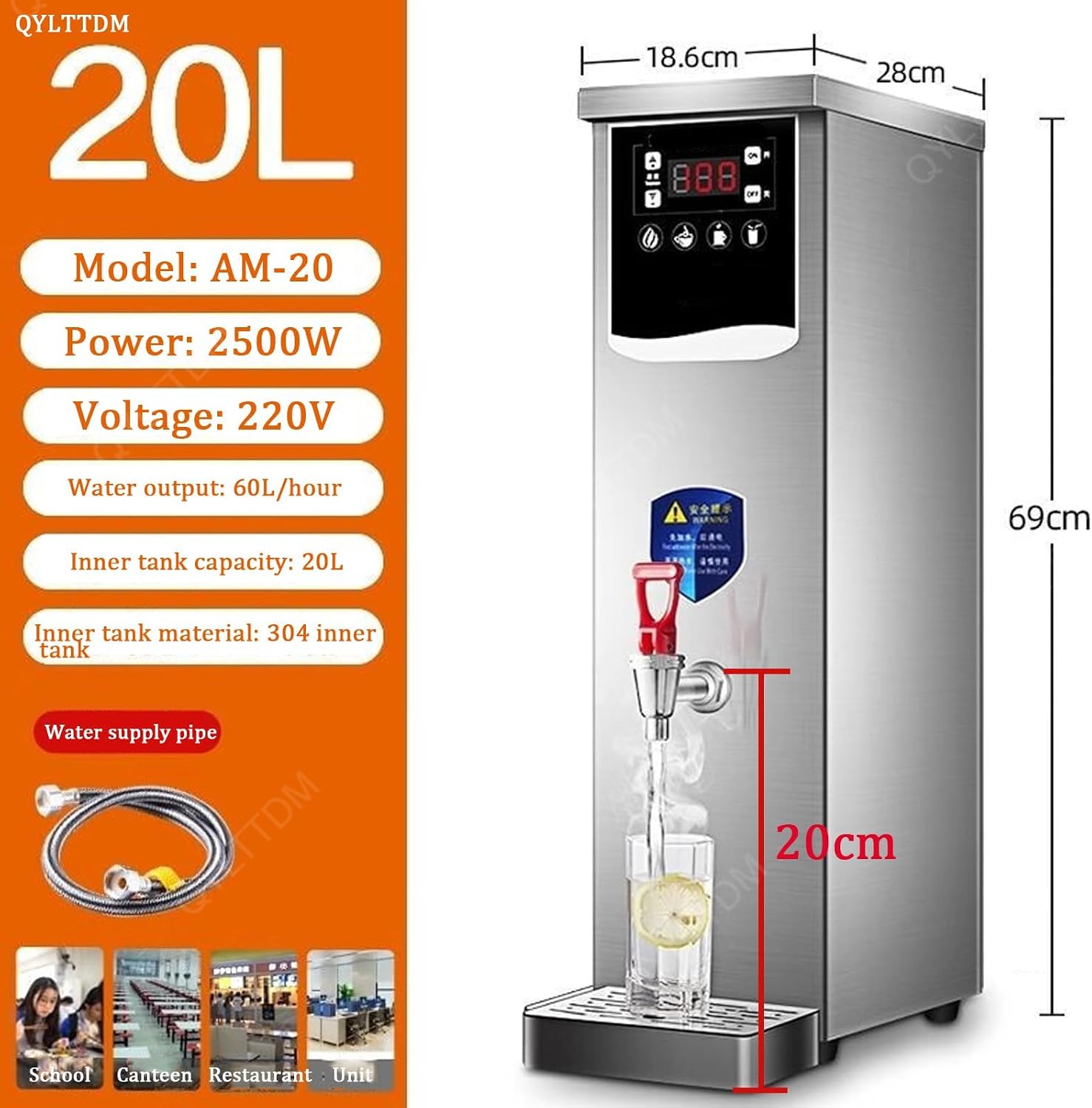 Hot Water Boiler, 2500W Autofill Stainless Steel Tea Maker, Digital Control Panel, Auto Temperature Control, Fast Boiling Water, Non Drip Tap, 35/60/90L/H Water Production (B 20L 69CM)