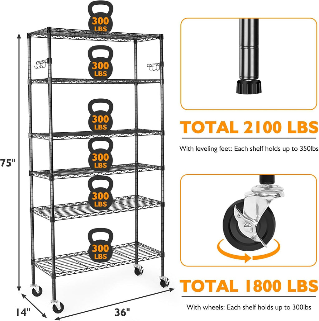 BolDuck 6 Tier Storage Shelves with Wheels, 2100lbs Capacity Heavy Duty Shelving Units, 14x36x75inch Adjustable Metal Shelf Wire Shelving Rack for Garage, Kitchen, Office, Black