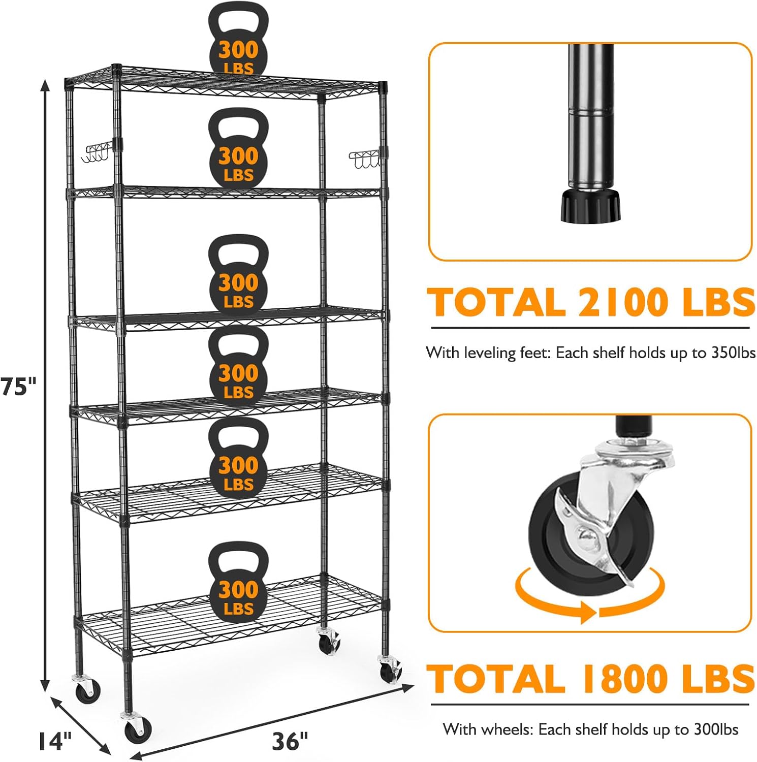 BolDuck 6 Tier Storage Shelves with Wheels, 2100lbs Capacity Heavy Duty Shelving Units, 14x36x75inch Adjustable Metal Shelf Wire Shelving Rack for Garage, Kitchen, Office, Black