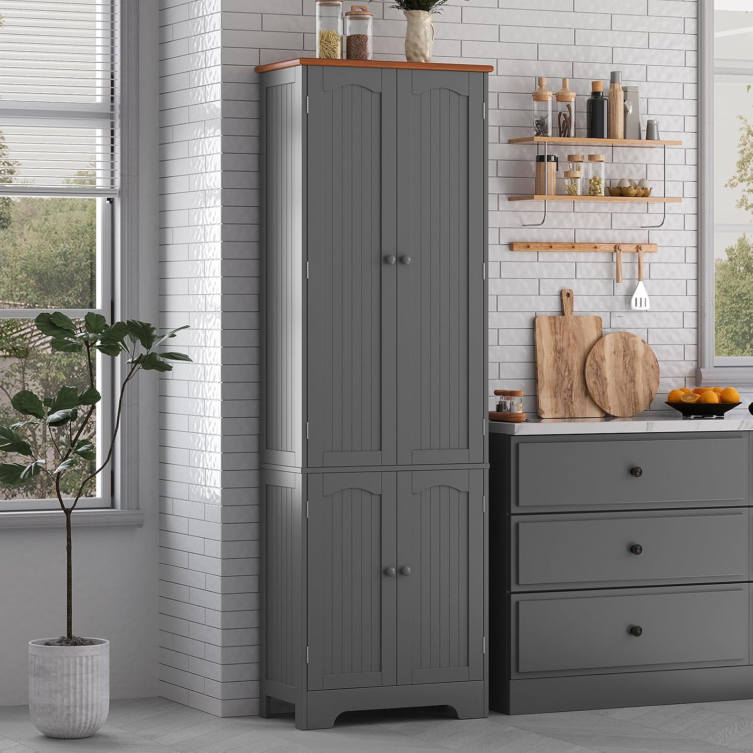 4 Door Pantry - 72.2'' Kitchen Cabinet with Adjustable Shelves, Freestanding Cupboard, Tall Storage Cabinets for Dining Room, Living Room, Laundry, Bathroom, Entryway, Grey