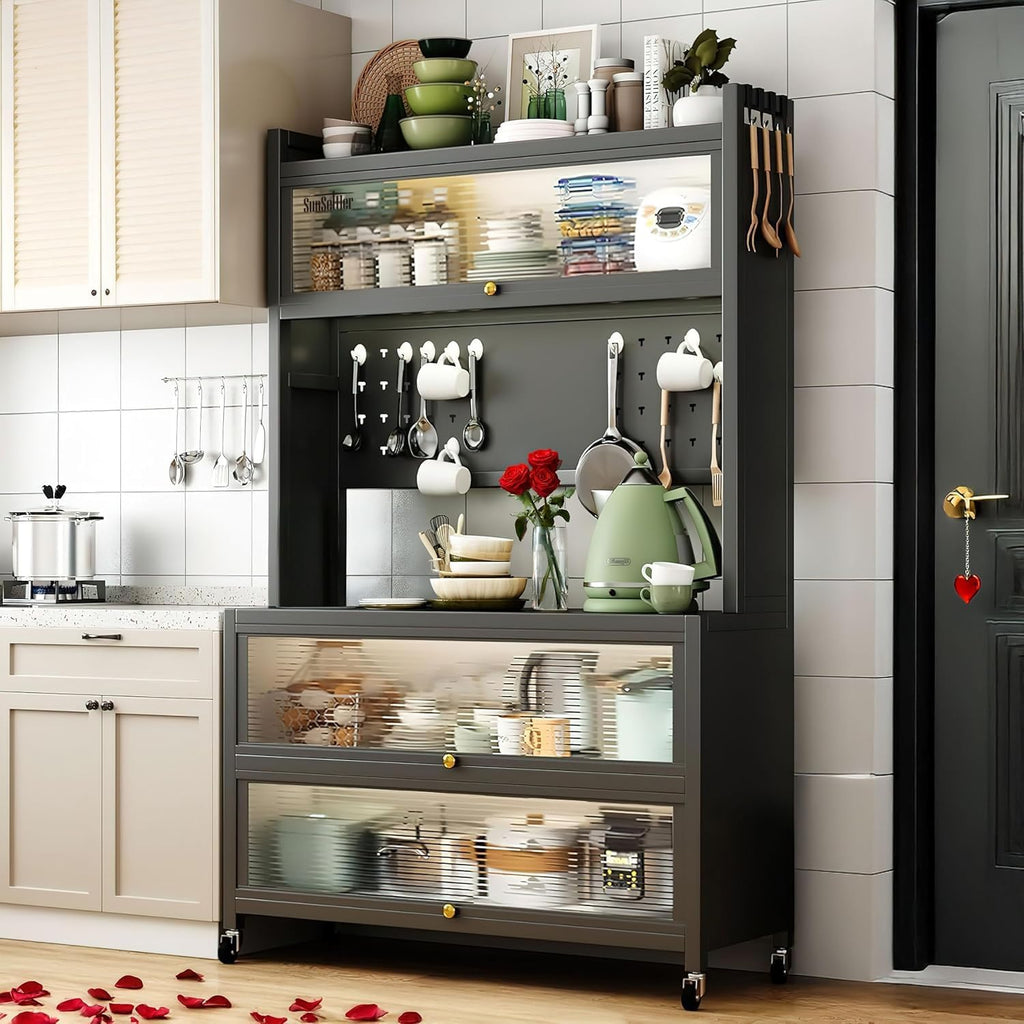 SunSettler Kitchen Pantry Storage Cabinet, 5 Tier Metal Sideboard with Wheels and Acrylic Glass Door, Modern Kitchen Storage Rack for Home, Office, Pantry, Garage (Black, 80cm)