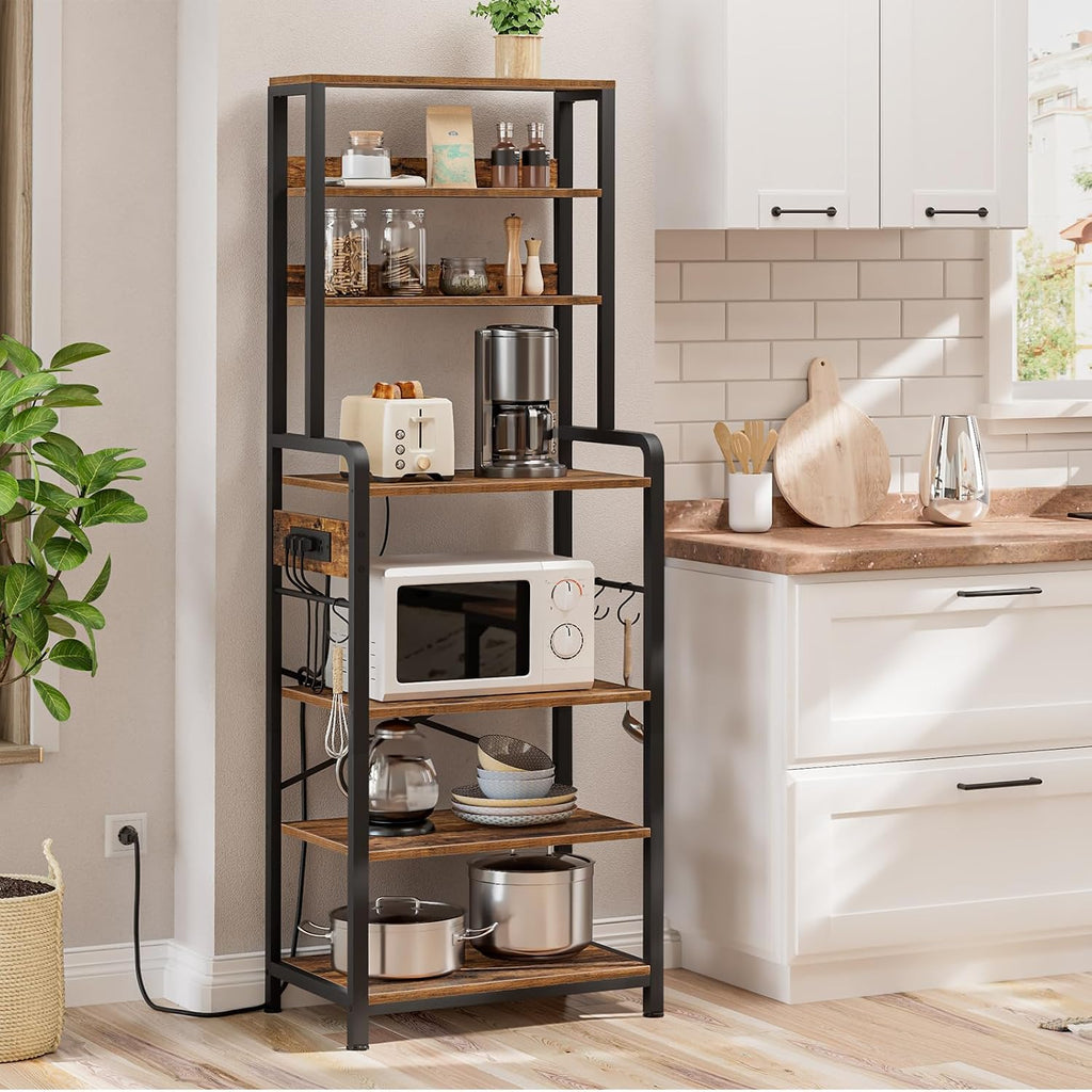HOOBRO Bakers Rack with Power Outlet, 6-Tier Microwave Stand with LED Light BF06HB01-BF64UDHB01