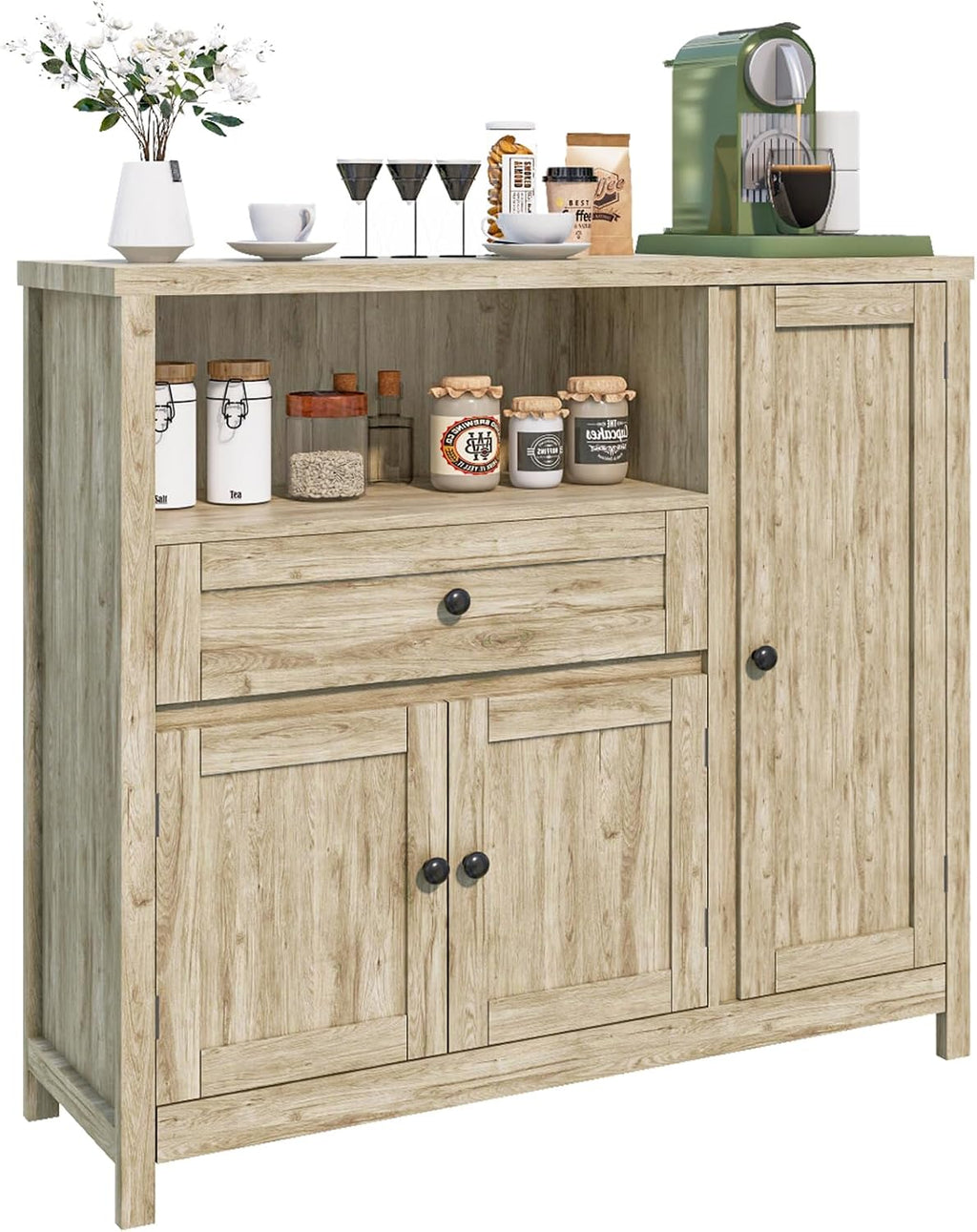 Viaozutis Coffee Bar Cabinet with Doors and Drawer, 35.4' Kitchen Storage Cabinet with Adjustable Shelf, Freestanding Buffet Sideboard for Dining Room, Bathroom, Entryway（Grey）