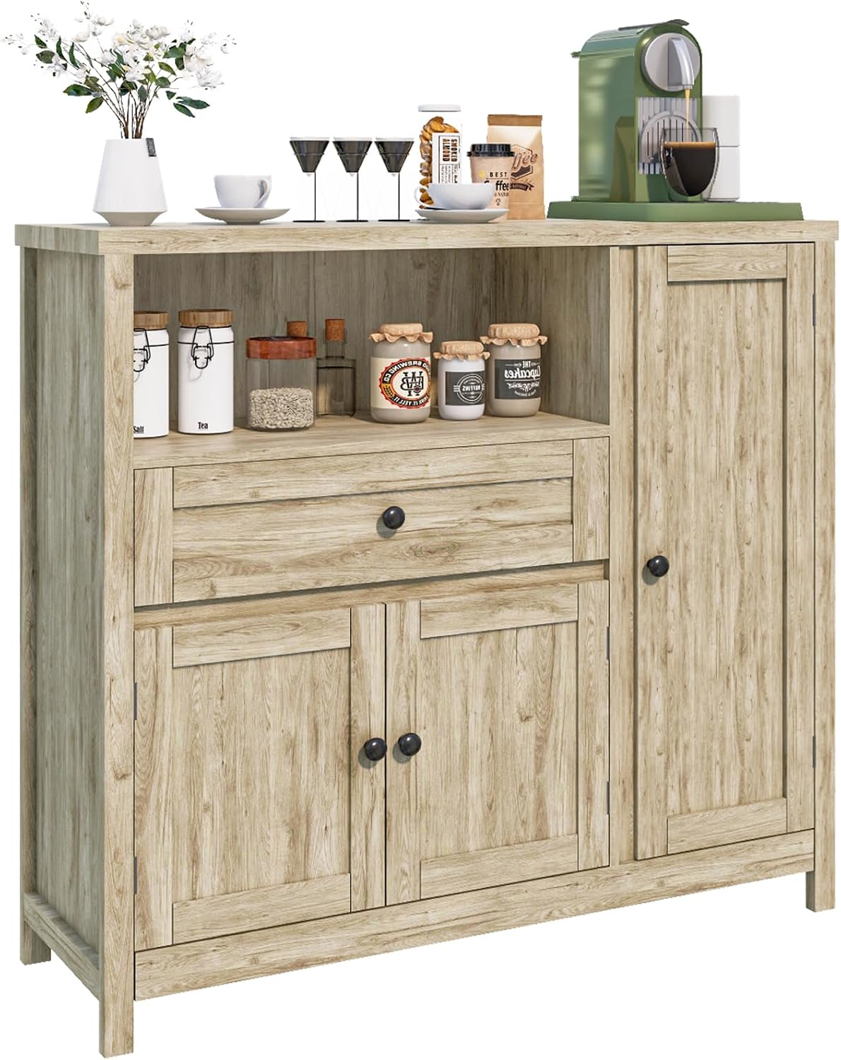 Viaozutis Coffee Bar Cabinet with Doors and Drawer, 35.4' Kitchen Storage Cabinet with Adjustable Shelf, Freestanding Buffet Sideboard for Dining Room, Bathroom, Entryway（Grey）