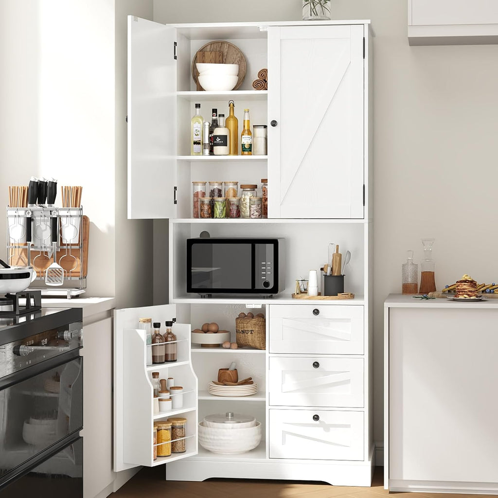 Farmhouse 71 Inch Kitchen Pantry Cabinet, Storage Cabinet with 3 Door Shelves and 3 Drawer, Versatile Storage for Kitchen, Dining Room, Living Room, White Wood Grain