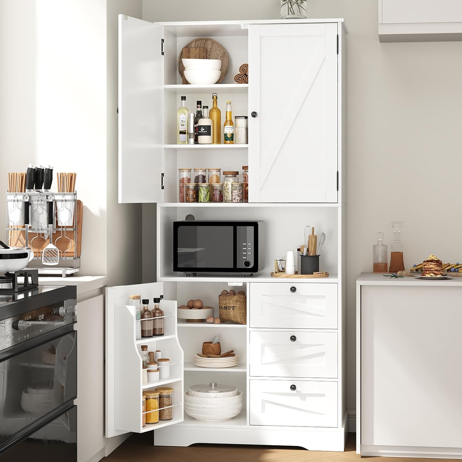 Farmhouse 71 Inch Kitchen Pantry Cabinet, Storage Cabinet with 3 Door Shelves and 3 Drawer, Versatile Storage for Kitchen, Dining Room, Living Room, White Wood Grain