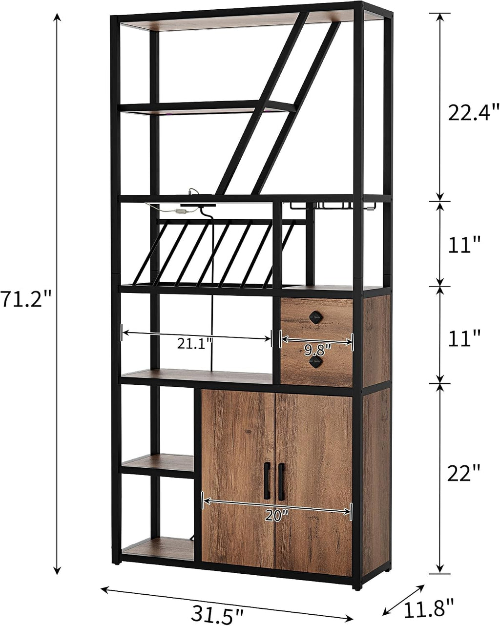 Wine Bar Cabinet with LED Lights, Tall Coffee Bar Station with Power Outlets and Wine Rack - Kitchen Microwave Stand Bakers Rack Cabinet for Living Room, Dining Room & Home Bar