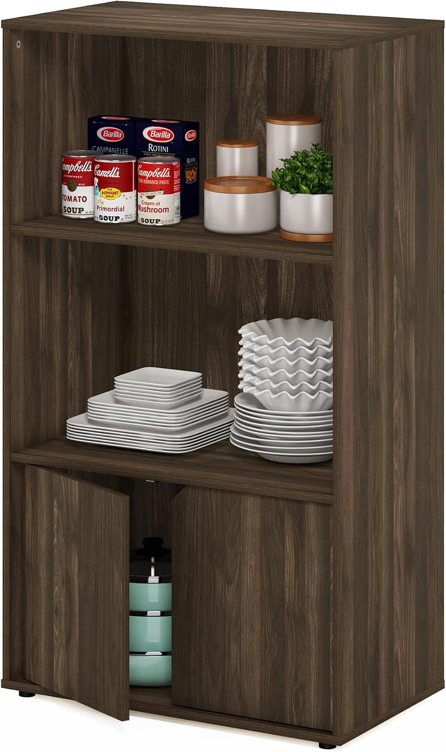 Furinno Jaya Pantry Organizers, 3-Tier Kitchen Cabinet, Coffee Bar, Kitchen Storage with Open Shelves and Closed Cabinet, for Pantry Organizers and Storage, Brown Walnut