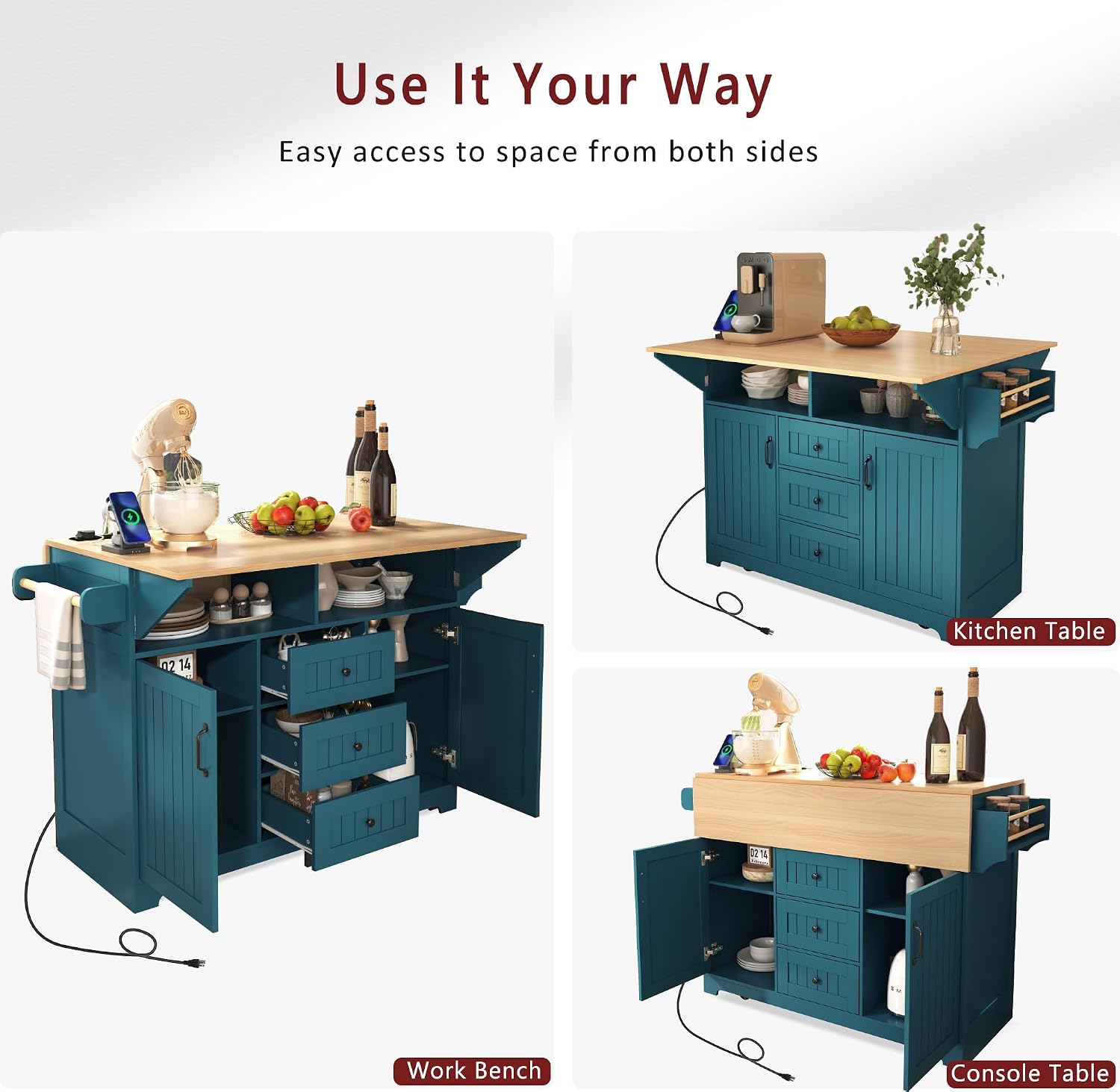 Modern Large Kitchen Island with 2 Drop Leaf, Rolling Kitchen Cart on 5 Wheels with Power Outlet, Folding Storage Dining Table for Kitchen, Dining Room