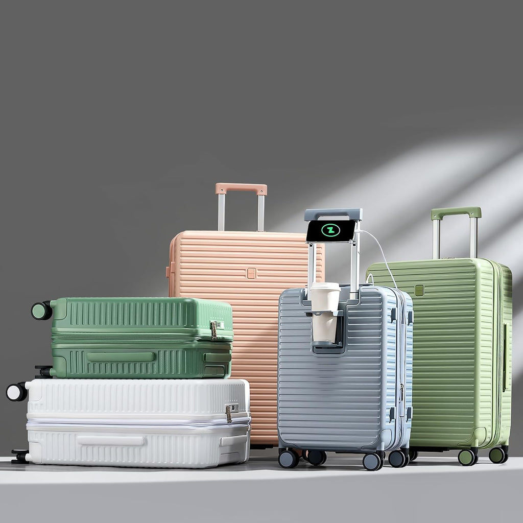 HanTrip 28 Inch Luggage Hard Shell Suitcases, Expandable Travel Checked Luggage 28 Inch, Large Check In Luggage with Spinner Wheels Cup Holder Charger Built in Lightweight Suitcase, White