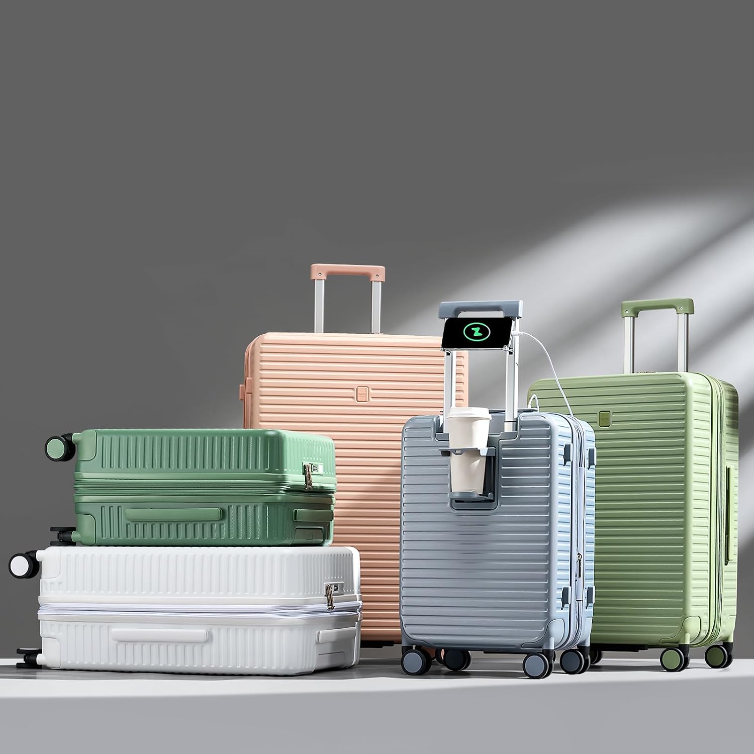 HanTrip Hard Shell Suitcases Airline Approved 20 Inch Carry on Luggage, Expandable Travel Luggage Carry on Luggage with Cup Holder Charger Built in, Lightweight Small Suitcases with Wheels, White