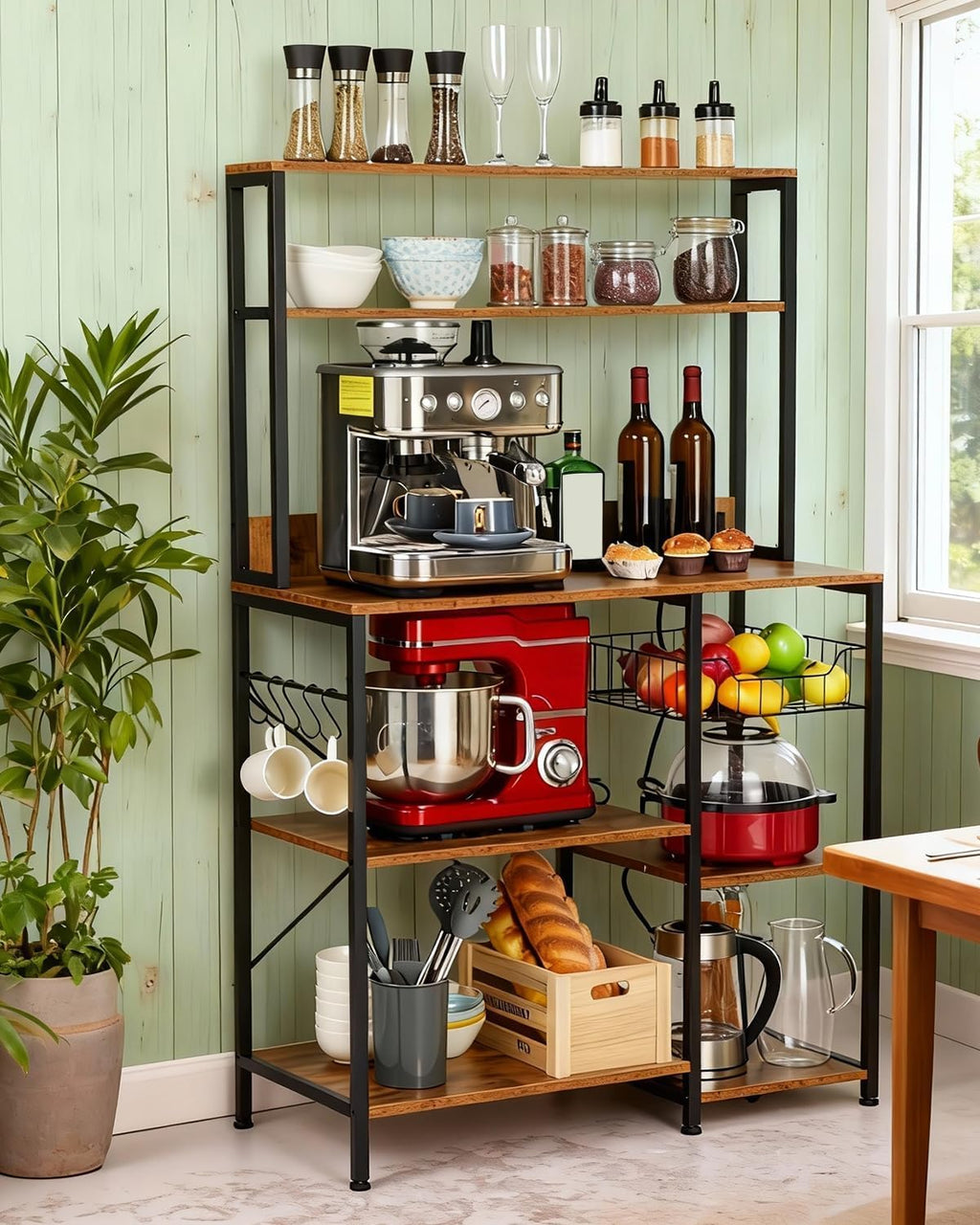 TrailBlaze Kitchen Bakers Rack with Power Outlet – 4-Tier Microwave Oven Stand & Storage Shelf – Coffee Bar Table with 5 S Hooks, Hutch Cabinet Organizer for Spices & Pots – Rustic Brown