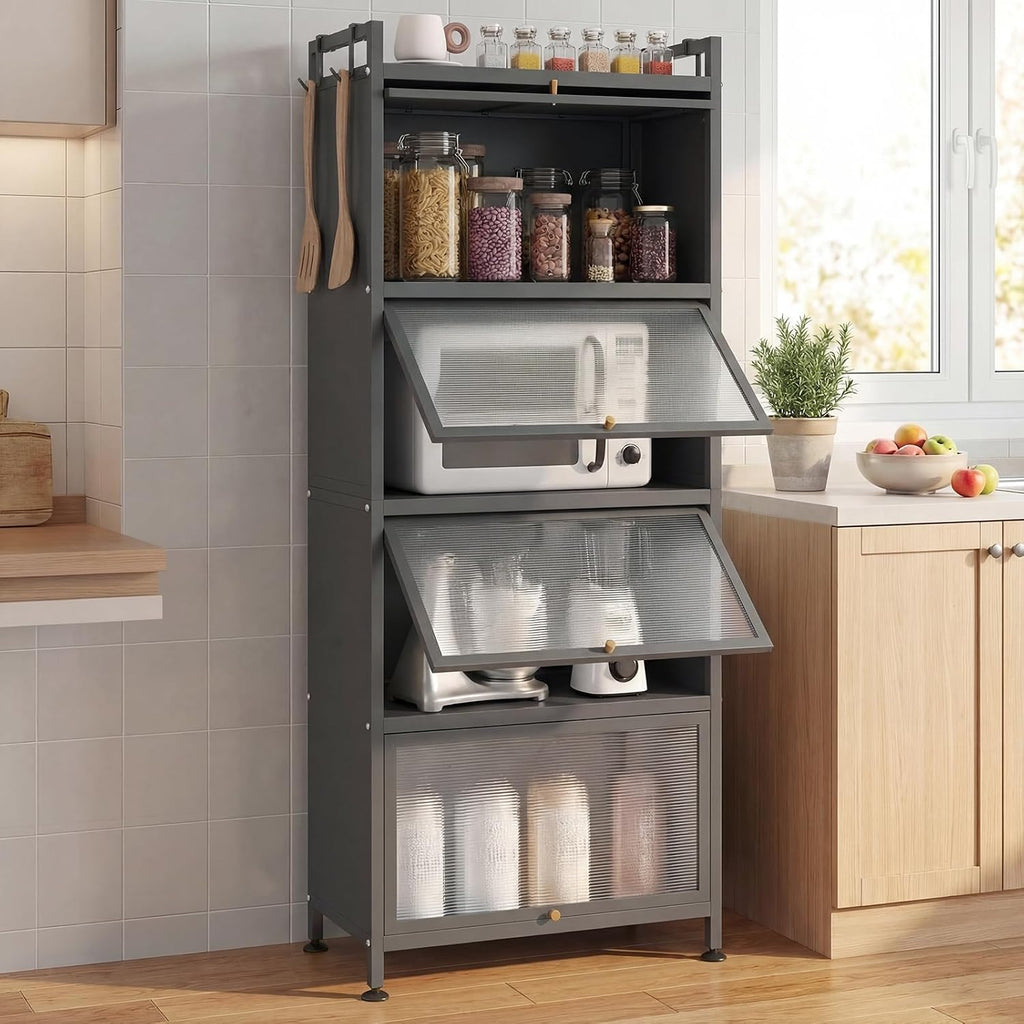 Giantex 5-Tier Kitchen Storage Cabinet, Freestanding Metal Pantry Cabinet w/ 4 Flip-up PC Doors, 4 Hooks & Adjustable Feet, 60' Tall Bakers Rack Microwave Stand for Dining Room, Living Room, Grey
