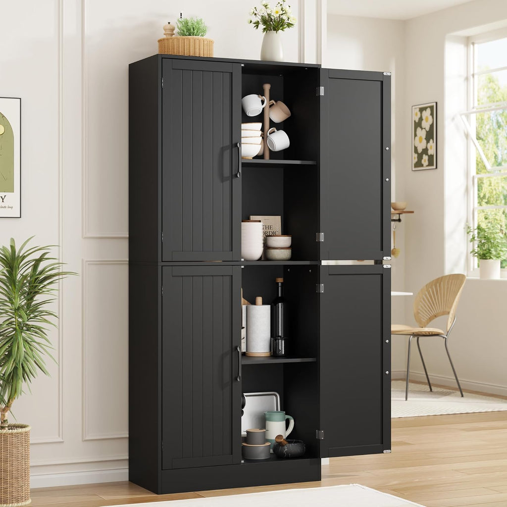 MHOM 71' Farmhouse Pantry Cabinet, Tall Storage Cabinet with 4 Doors and Adjustable Shelves, Freestanding Pantry for Dining Room, Kitchen, and Living Room, Black