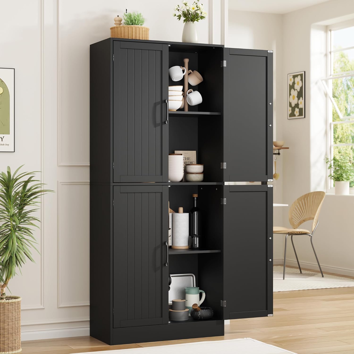 MHOM 71' Farmhouse Pantry Cabinet, Tall Storage Cabinet with 4 Doors and Adjustable Shelves, Freestanding Pantry for Dining Room, Kitchen, and Living Room, Black