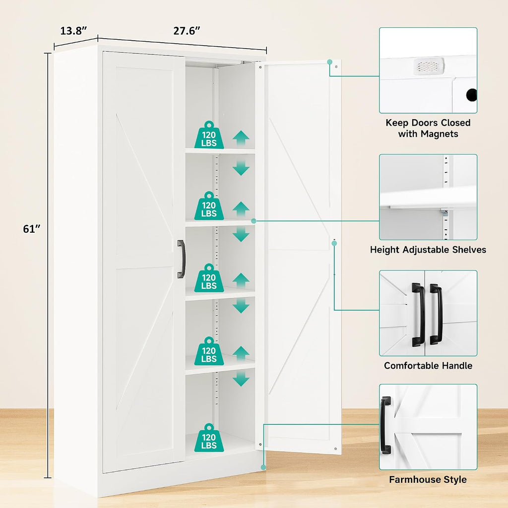 SISESOL 61' Tall Pantry Cabinet,Farmhouse Kitchen Pantry Storage Cabinets with 2 Doors and 5 Shelves,White Metal Storage Cabinet,Large Cupboard for Home,Kitchen,Dining/Living Room