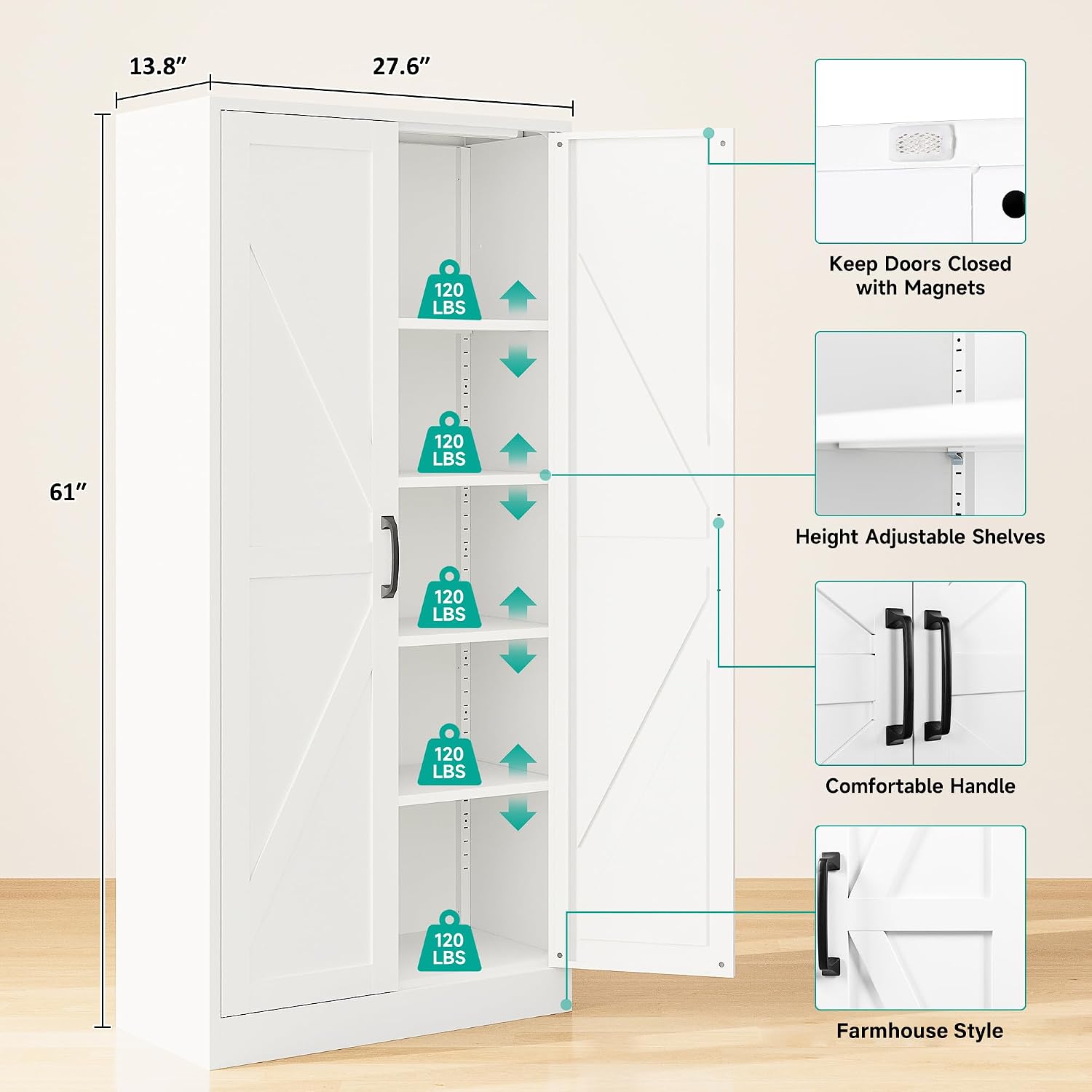 SISESOL 61' Tall Pantry Cabinet,Farmhouse Kitchen Pantry Storage Cabinets with 2 Doors and 5 Shelves,White Metal Storage Cabinet,Large Cupboard for Home,Kitchen,Dining/Living Room