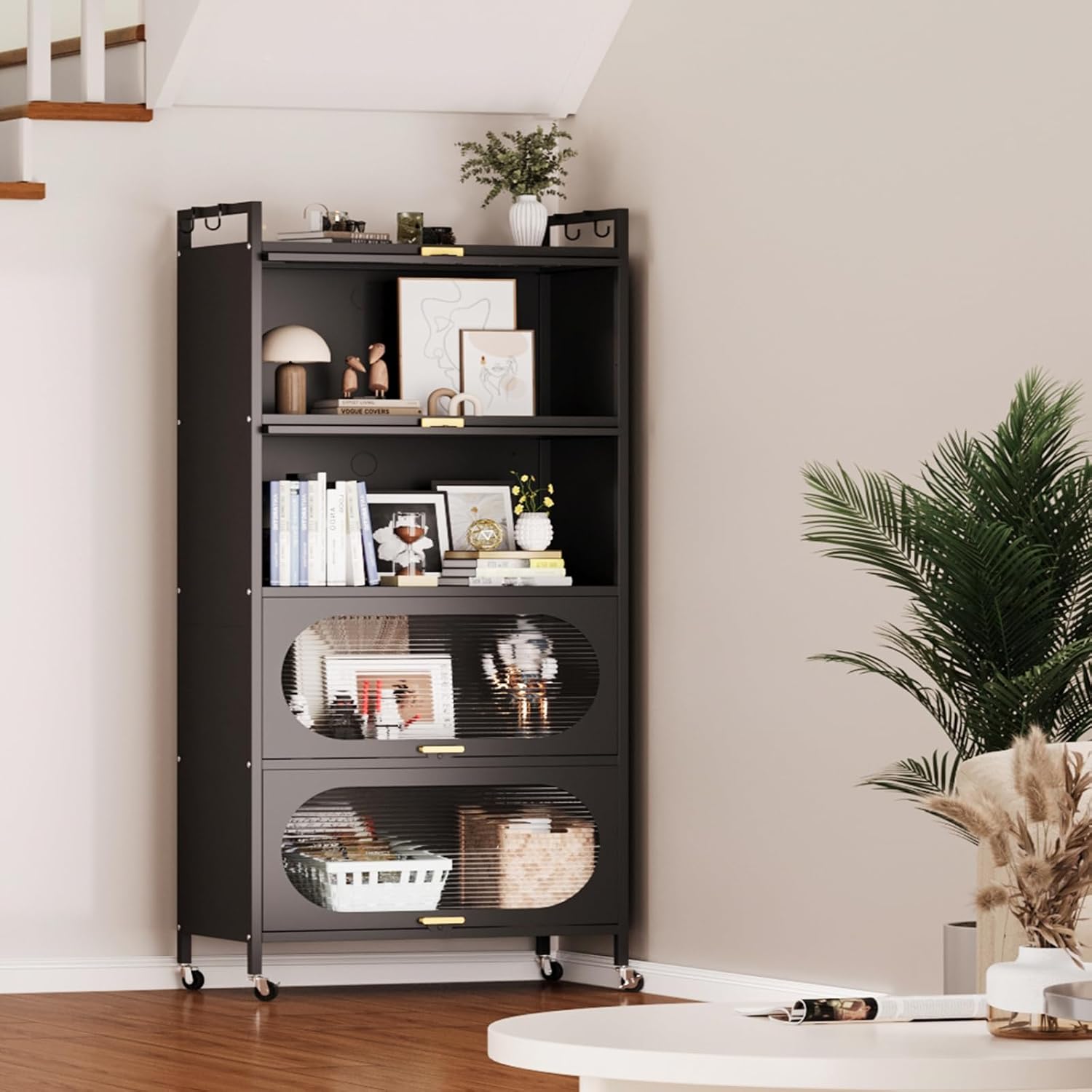 Kitchen Pantry Storage Cabinet,5 Tier Rolling Microwave Stand, Bakers Rack,Metal Pantry Cabinet with 4 Flip-up Doors for Kitchen,Living Room,Study (Black)