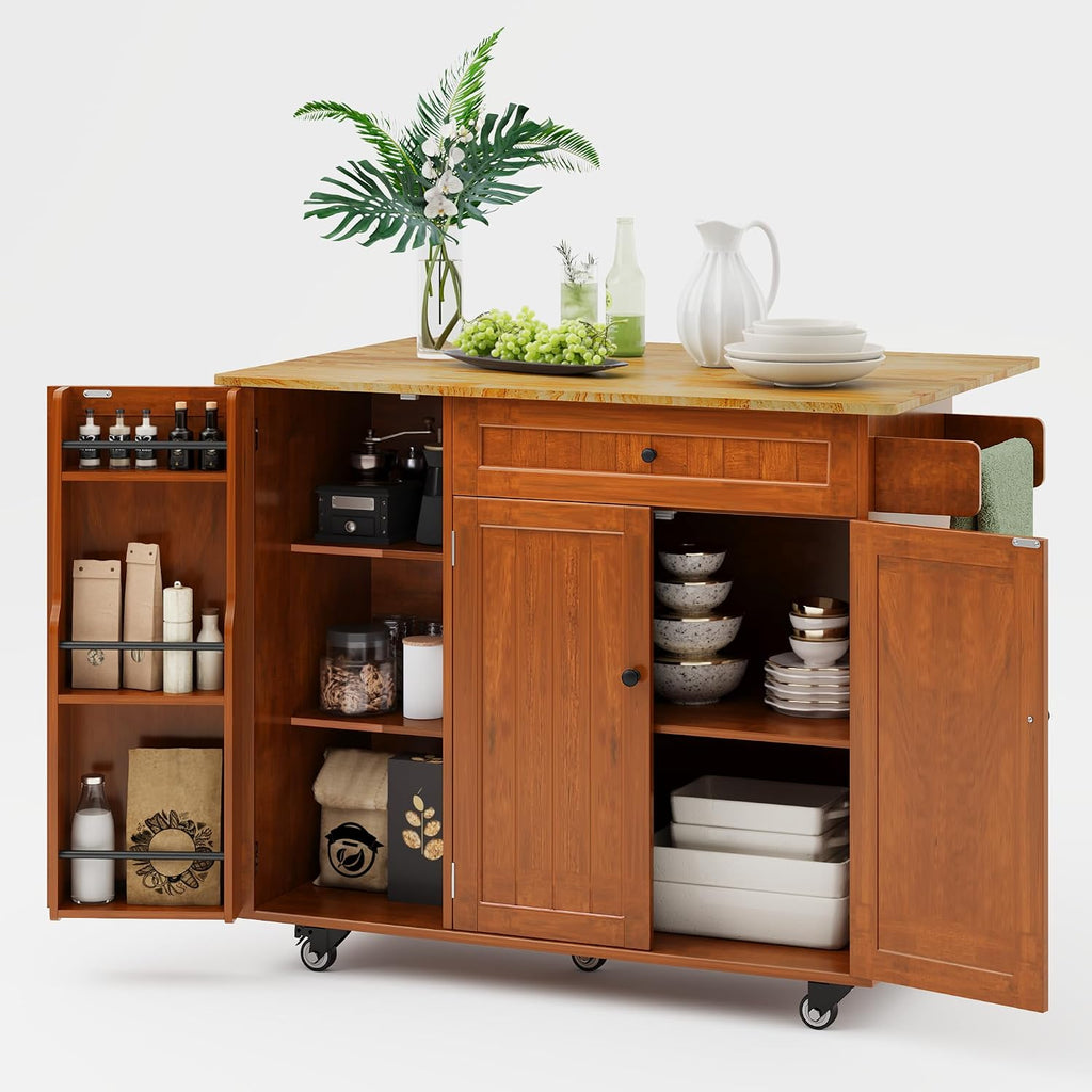 Ahomly Kitchen Island with Storage, Rolling Kitchen Island on Wheels with Drop Leaf, Interal Storage Rack, a Drawer, Spicy Rack and Towel Bar, Mobile Island Table for Kitchen, Brown