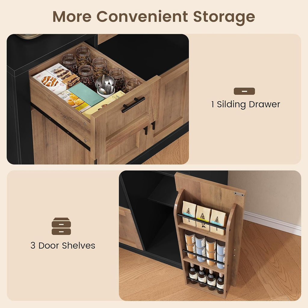 Itaar 71' Pantry Cabinet with Charging Station and LED Light, Kitchen Pantry Cabinet with Microwave Stand, 47.2' Wide Kitchen Storage Cabinets with Storage Cart 3 Tier for Dining Room,Brown