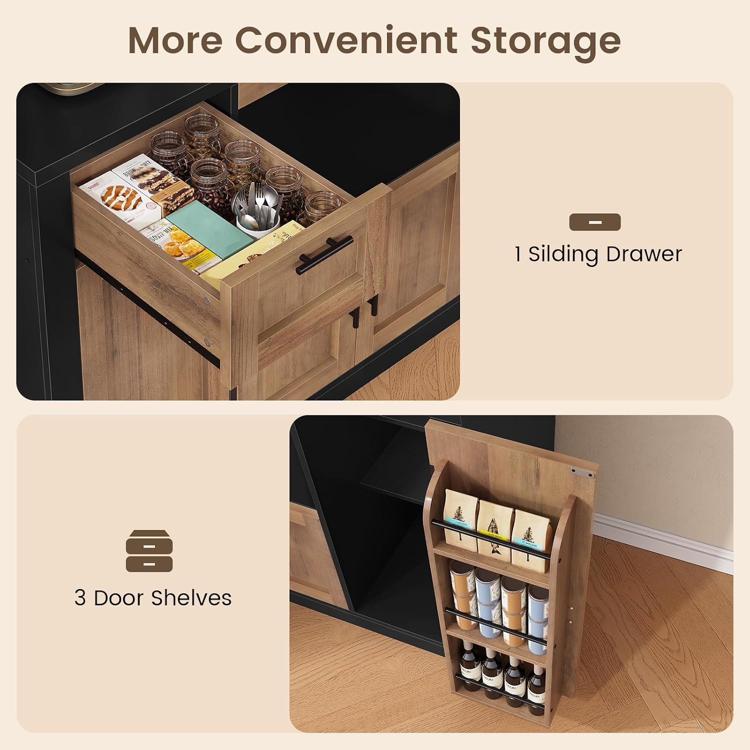 Itaar 71' Pantry Cabinet with Charging Station and LED Light, Kitchen Pantry Cabinet with Microwave Stand, 47.2' Wide Kitchen Storage Cabinets with Storage Cart 3 Tier for Dining Room,Brown