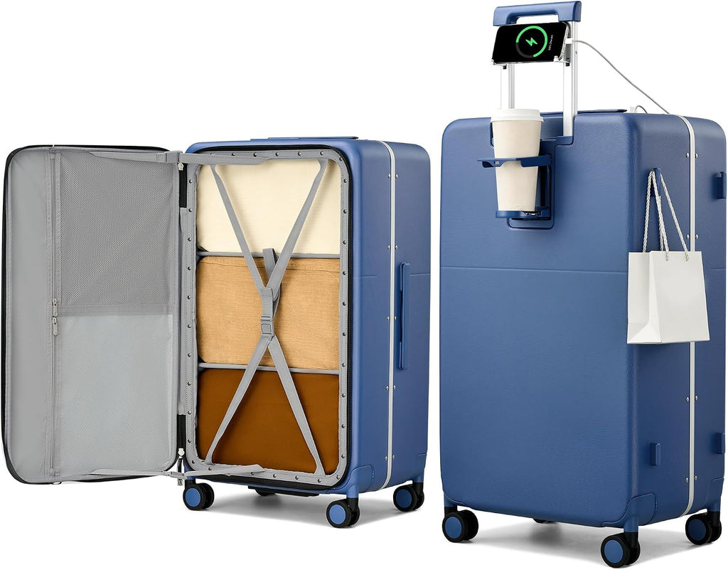 Hanke 28 Inch Top Opening Hard Shell Checked Luggage, PC Aluminum Frame Large Trunk Luggage with Cup Holder & USB Ports, TSA Lock, 8 Silent Spinner Wheels, Removable Divider, Interstellar Blue