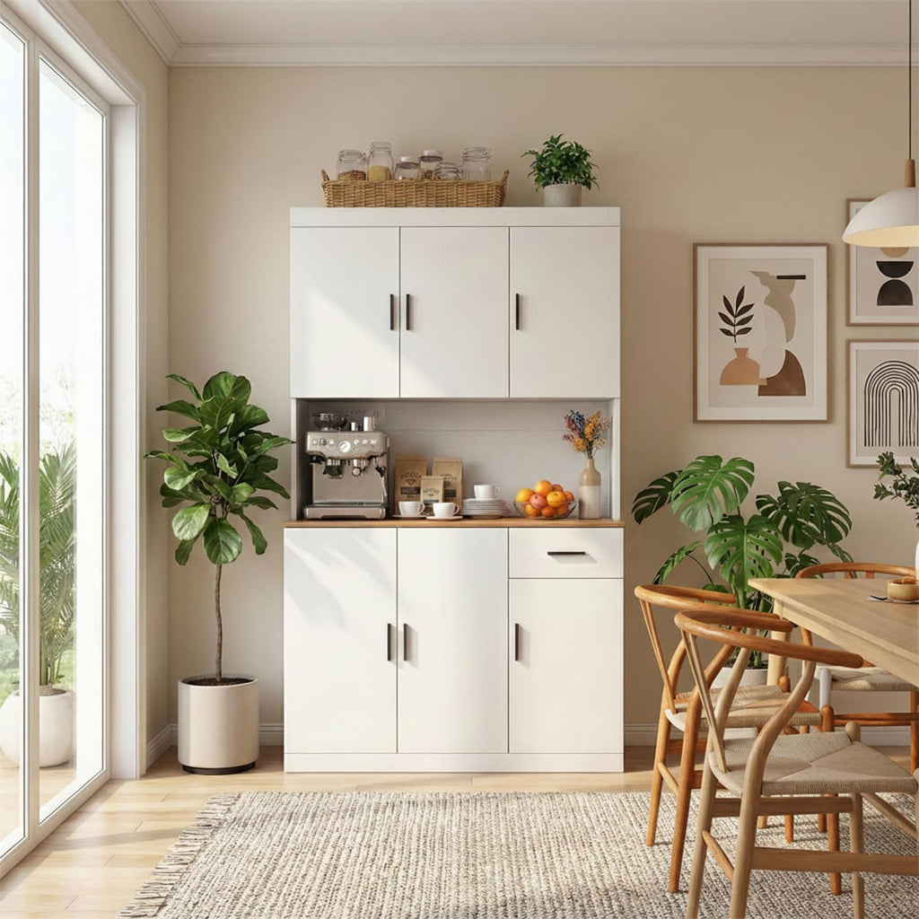 DIYART 71 Inch White Pantry Cabinet with Power Outlet, Heavy-Duty Freestanding Kitchen Storage Organizer with Reinforced Frame, Pantry Hutch for Kitchen, Dining Room, Laundry Room | Extra-Wide