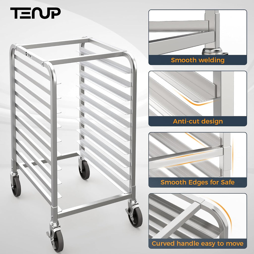 TenUp 10-Tier NSF Aluminum Sheet Pan Rack, Commercial Bakery Cooling & Storage Cart with Wheels, Heavy-Duty Bun Rack – 26' L x 20' W x 38' H