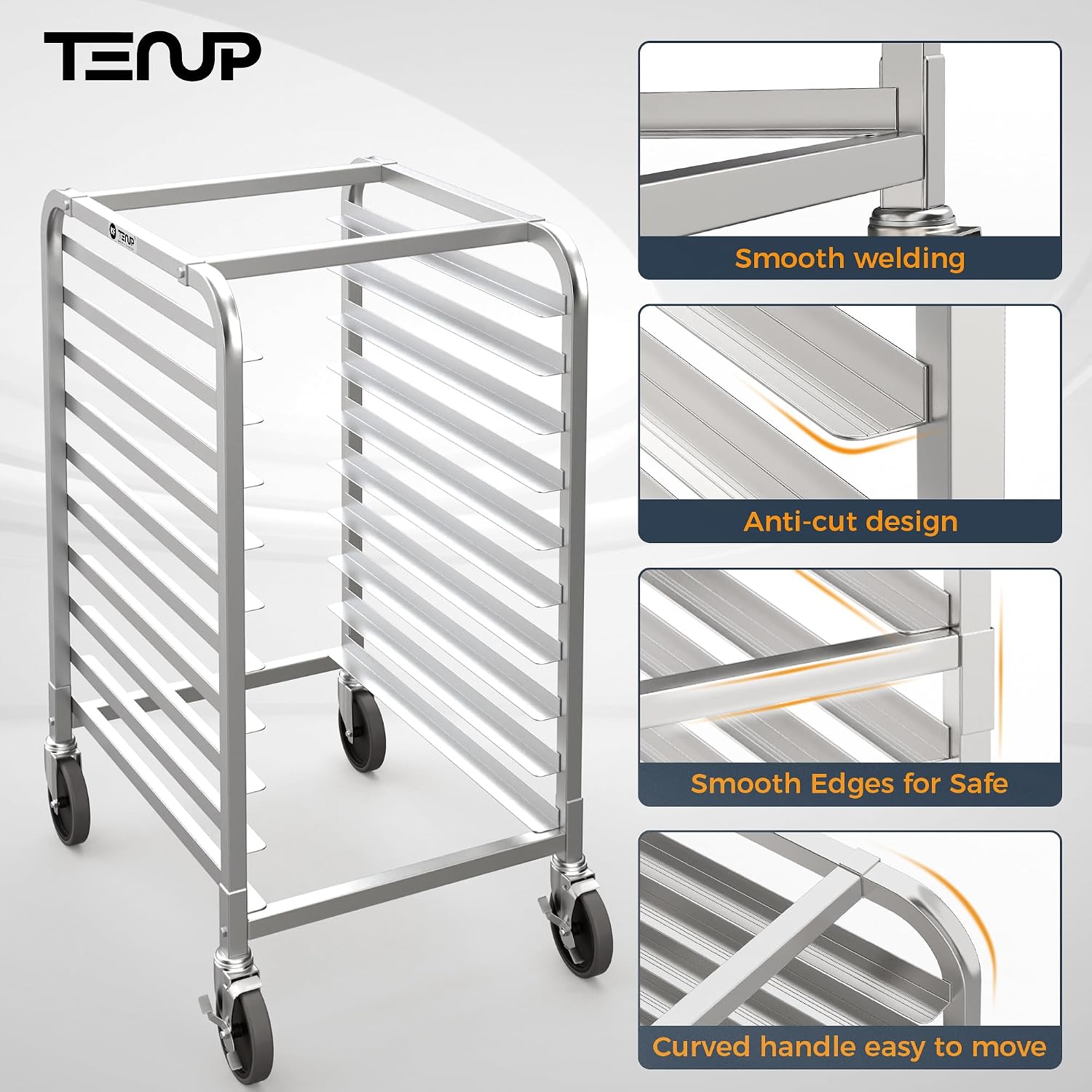 TenUp 10-Tier NSF Aluminum Sheet Pan Rack, Commercial Bakery Cooling & Storage Cart with Wheels, Heavy-Duty Bun Rack – 26' L x 20' W x 38' H