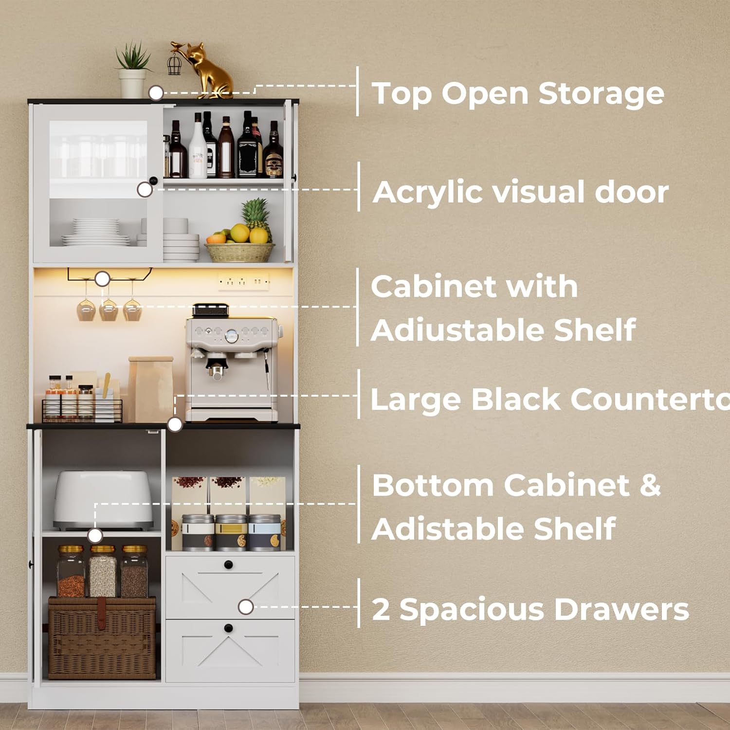 71''Kitchen Pantry Storage Cabinet with LED Lights and Power Outlet, Tall Farmhouse Kitchen Hutch with Microwave Stand,Globet Hooks and Adjustable Shelf for Dining Living Room,White
