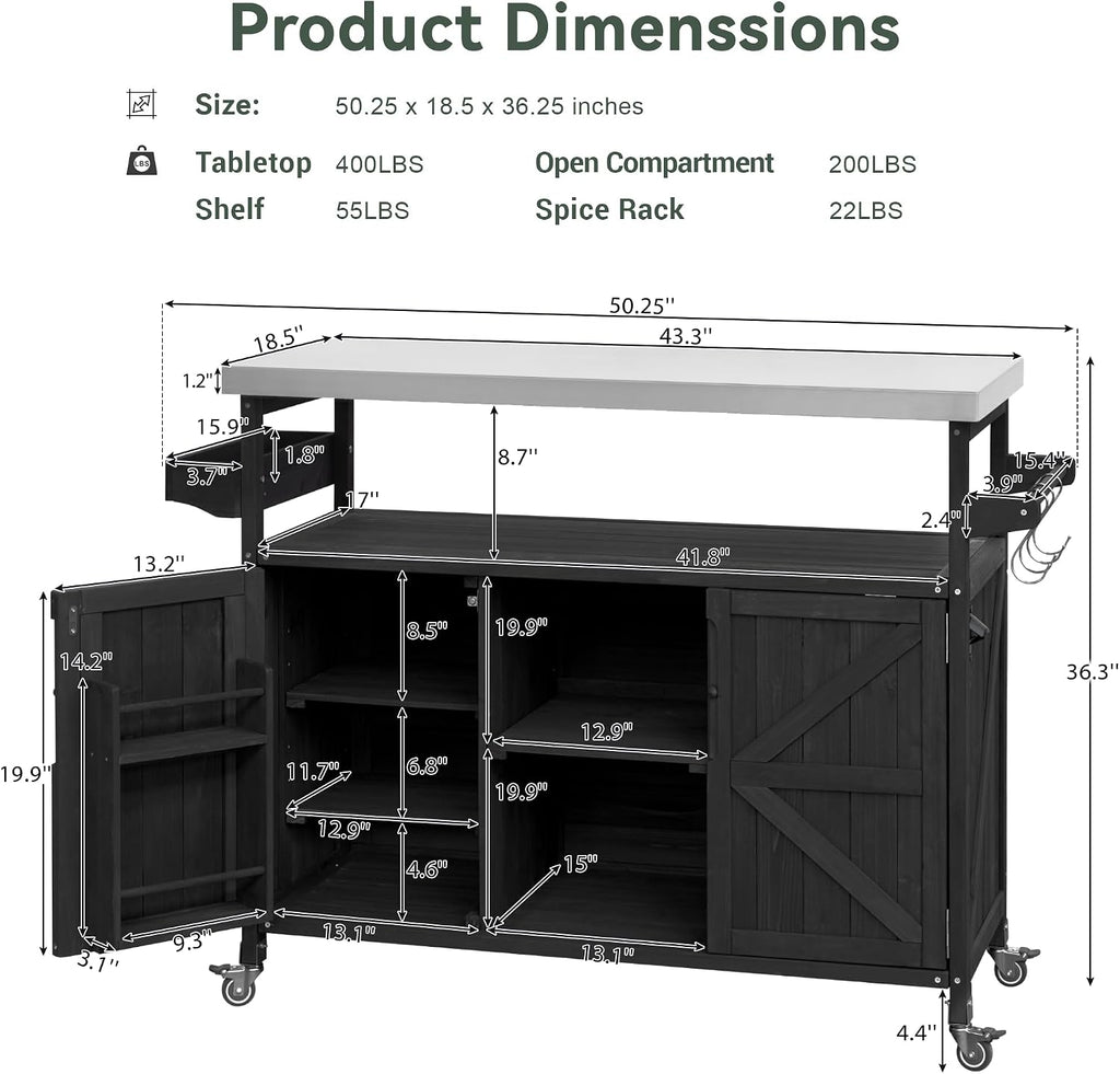 Farmhouse Outdoor Kitchen Island, Rolling Bar Cart & Storage Cabinet with Stainless Steel Top, Spice Rack, Towel Rack for Kitchen & Barbecue, Solid Wood Outdoor Grill Table