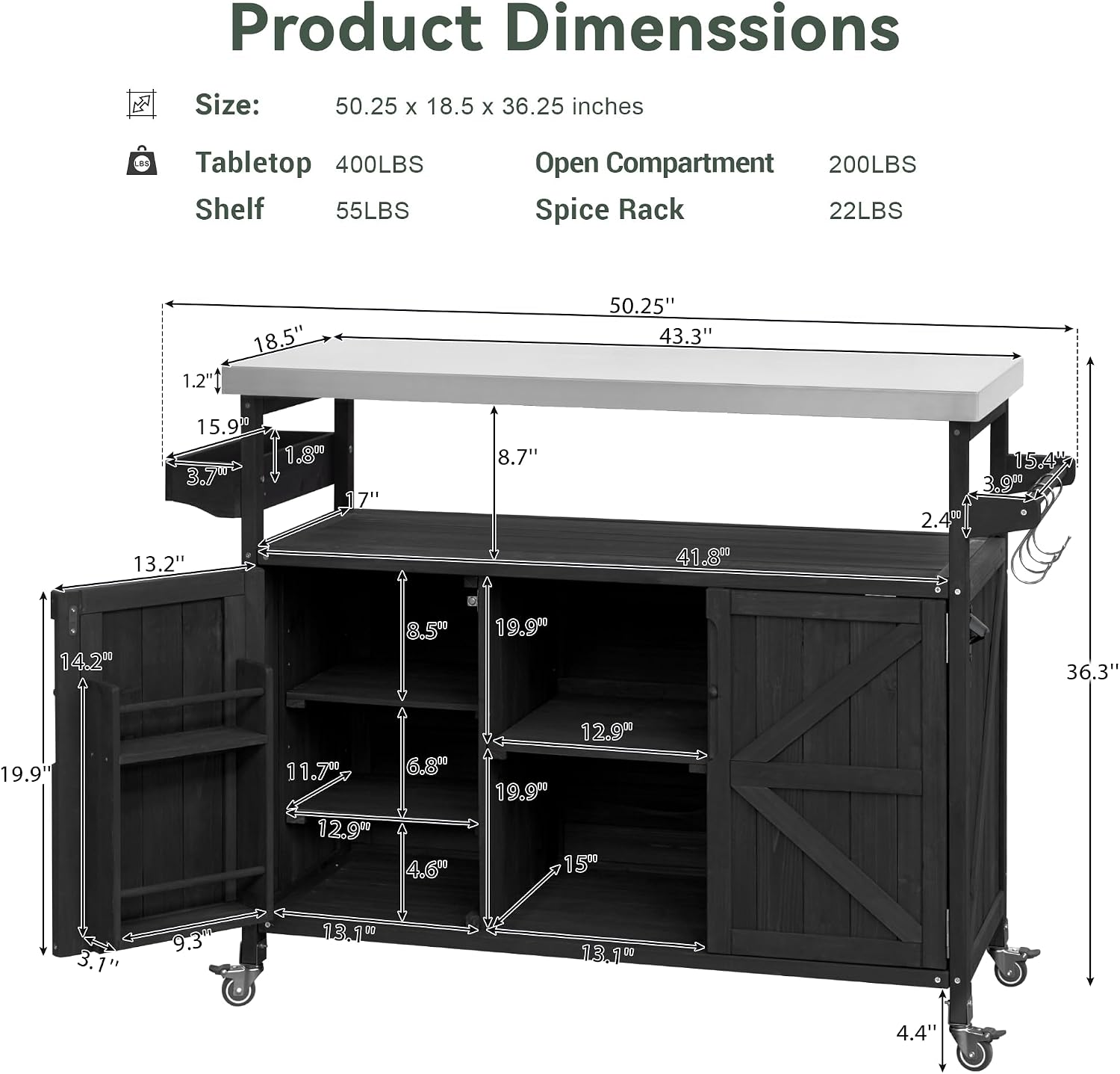 Farmhouse Outdoor Kitchen Island, Rolling Bar Cart & Storage Cabinet with Stainless Steel Top, Spice Rack, Towel Rack for Kitchen & Barbecue, Solid Wood Outdoor Grill Table