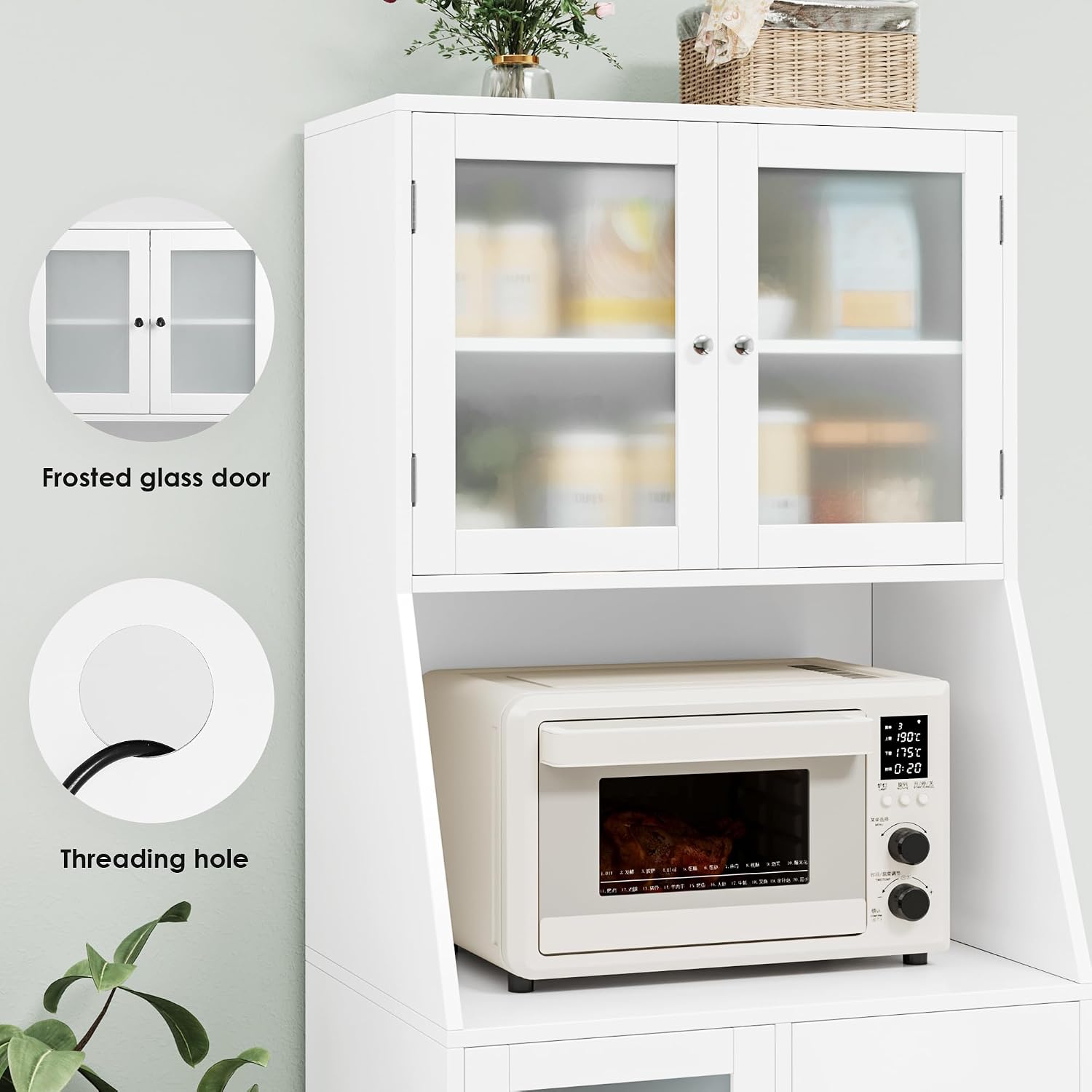 BOTLOG 64'' Kitchen Pantry Storage Cabinet, Tall Kitchen Storage Cabinet with Microwave Stand, Hutch Cabinet with Adjustable Shelves, for Dining Room (White)