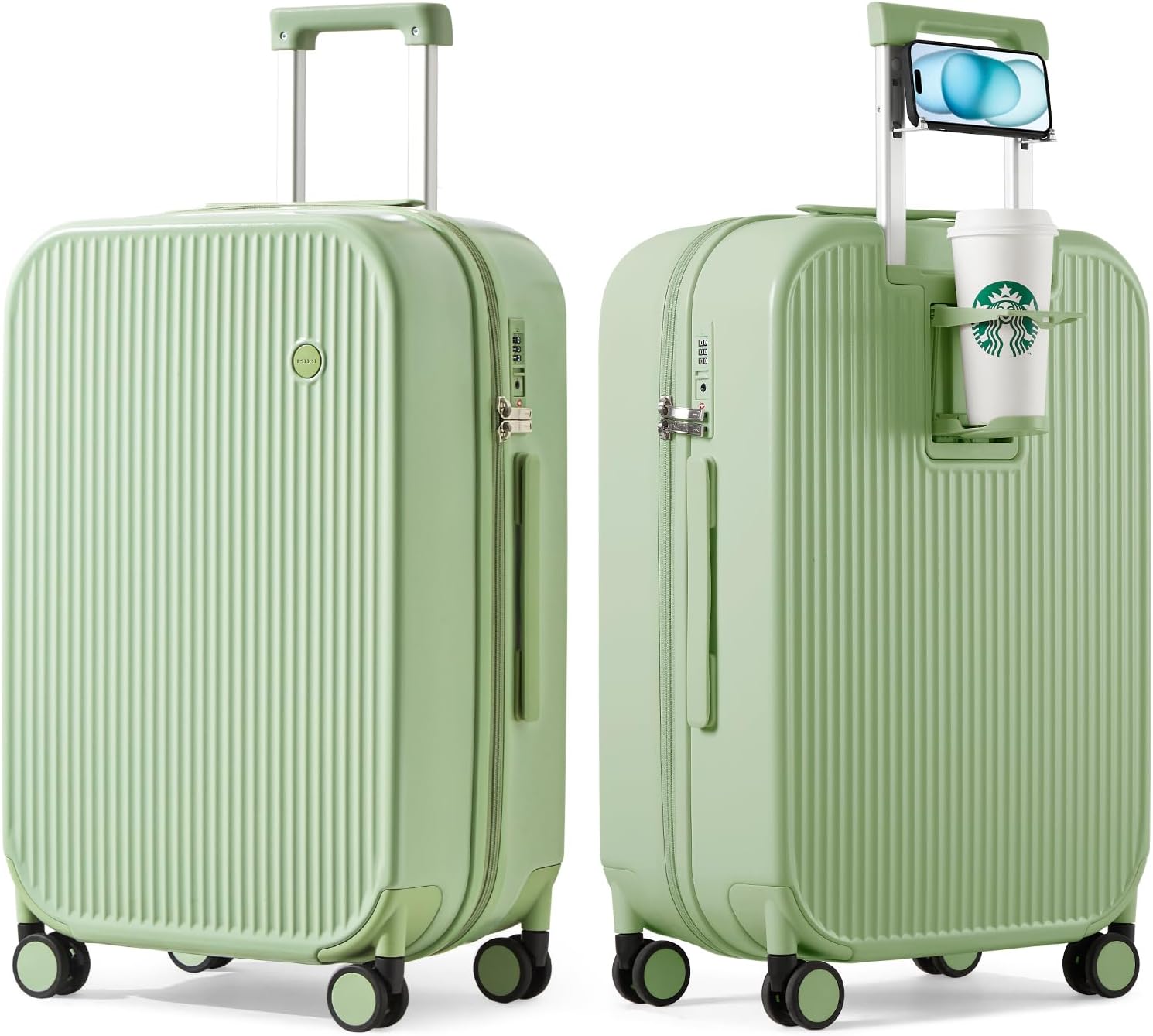 mixi Checked Luggage with Cup Phone Holder Hard Shell Rolling Travel Suitcase with Spinner Wheels,24 Inch Avocado Green