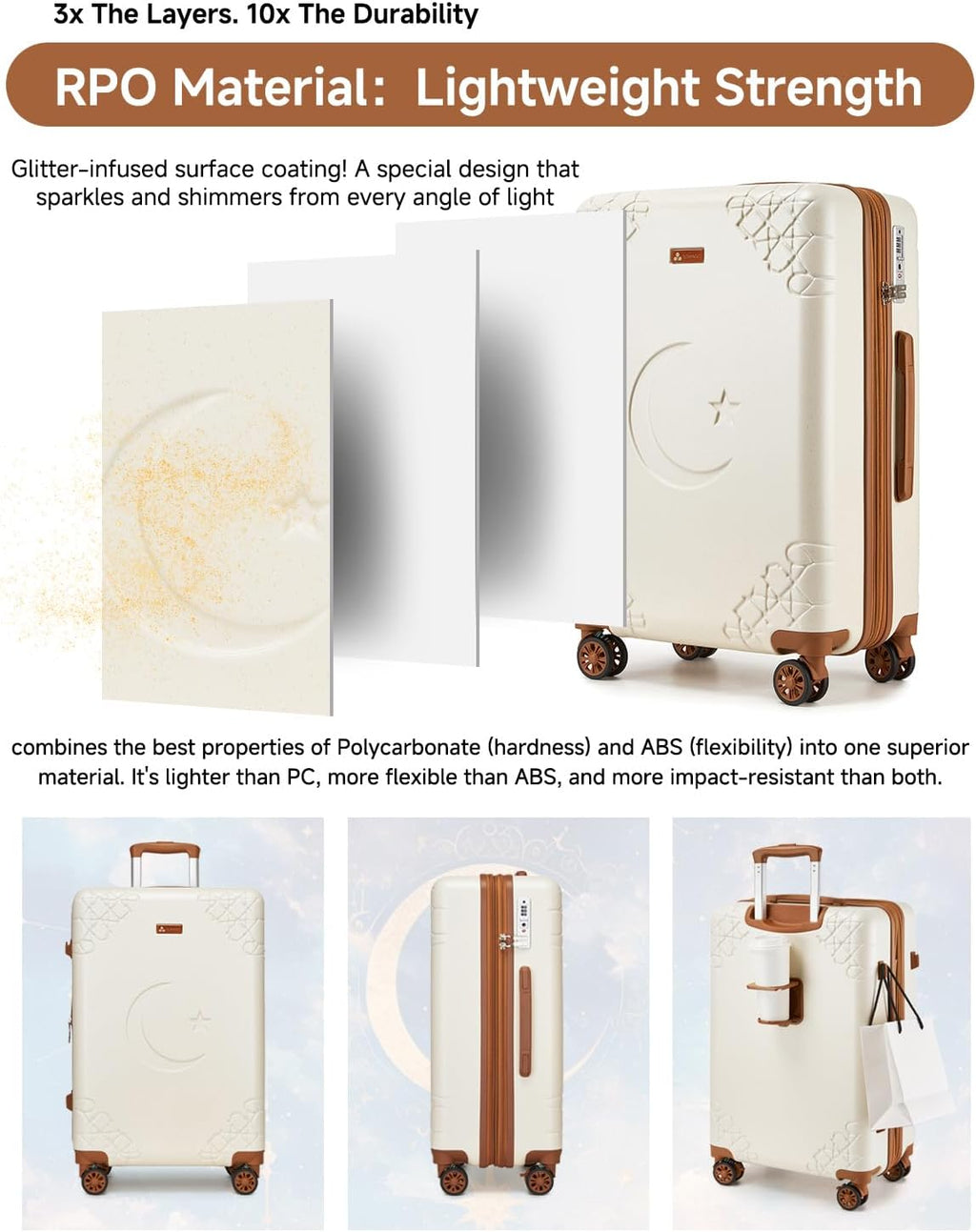 Somago 3 Piece Luggage Set with Cup Holder, Expandable 25% Capacity Suitcase with Shock-Absorbing Braking Spinner Wheels Moon Star Design Hardside Suitcase with TSA Lock (Beige White,Expandable Sets)