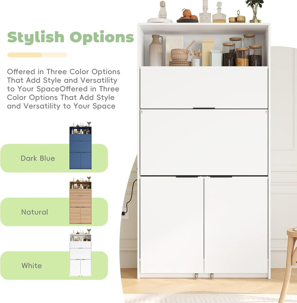 Farmhouse Pantry Cabinet with Foldable Workstation, 69' Tall Buffet with Hutch and Storage, Multifunctional Kitchen Cabinet with Adjustable Shelf and Power Outlet for Dining Room (White)