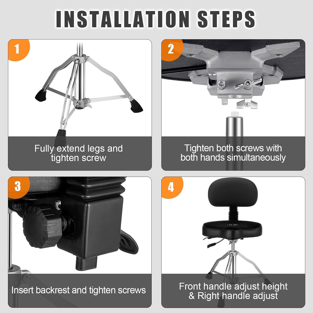 TENTOTEN Drum Throne with Backrest,Drum Stool for Adults|Hydraulic Drum Throne with 45°Angle Adjustable Back,Heavy Duty Drum Seat for Professional Drummers