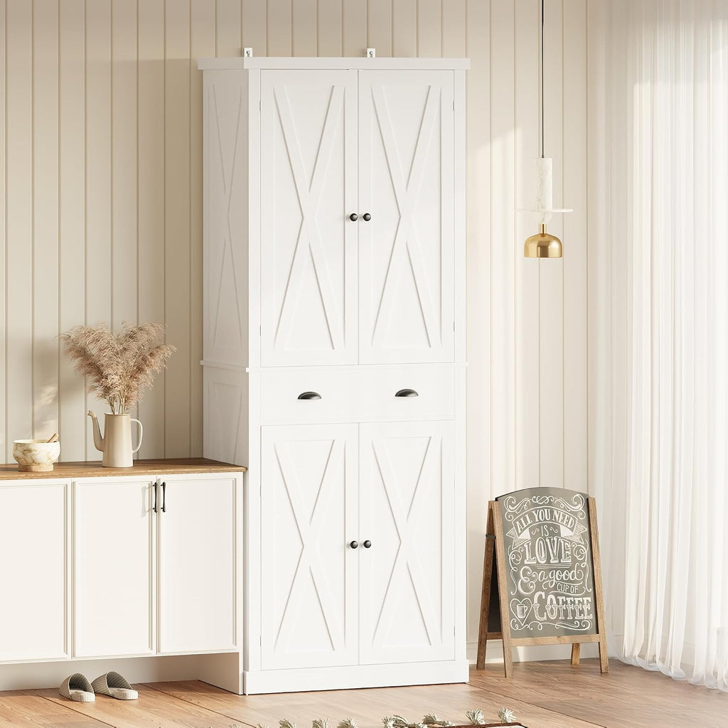 IRONCK Kitchen Pantry Storage Cabinet 83.9' H, with Barn Doors, Drawer, 4 Adjustable Shelves, Freestanding Cupboard for Dining Room Living Room, Laundry, White