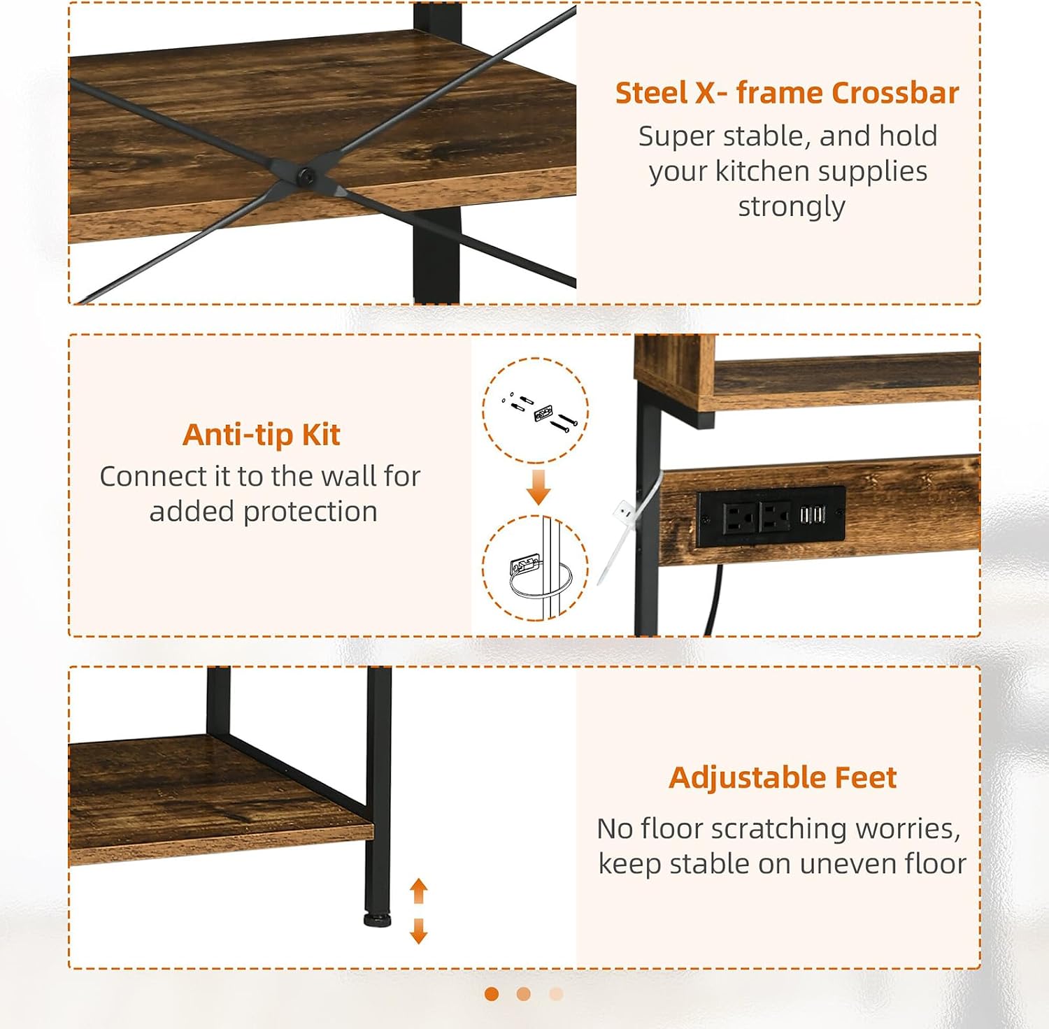 Kitchen Baking Rack with Power Socket, Microwave Stand with Adjustable Shelves and 5 Hooks, 4-Tier Stand for Kitchen, Living Room, Small Space, Mini Narrow Bread Rack, Country Brown