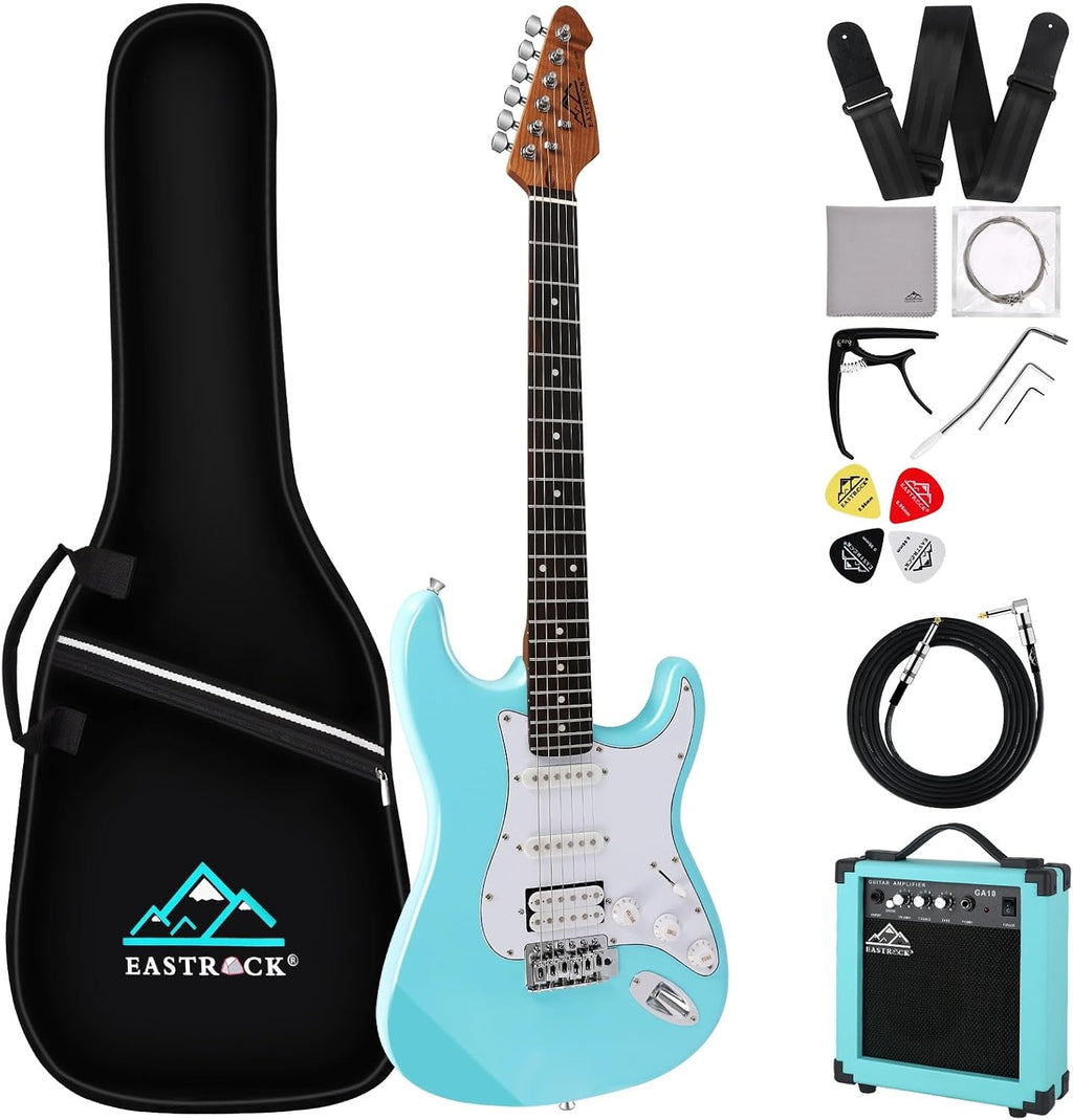 EASTROCK Electric Guitar 39 inch Full Beginner Starter kit Full Size with 10w Amp, Package All Accessories, Strings, Picks, Tremolo Bar, Strap, and Case Bag(Macaron blue)
