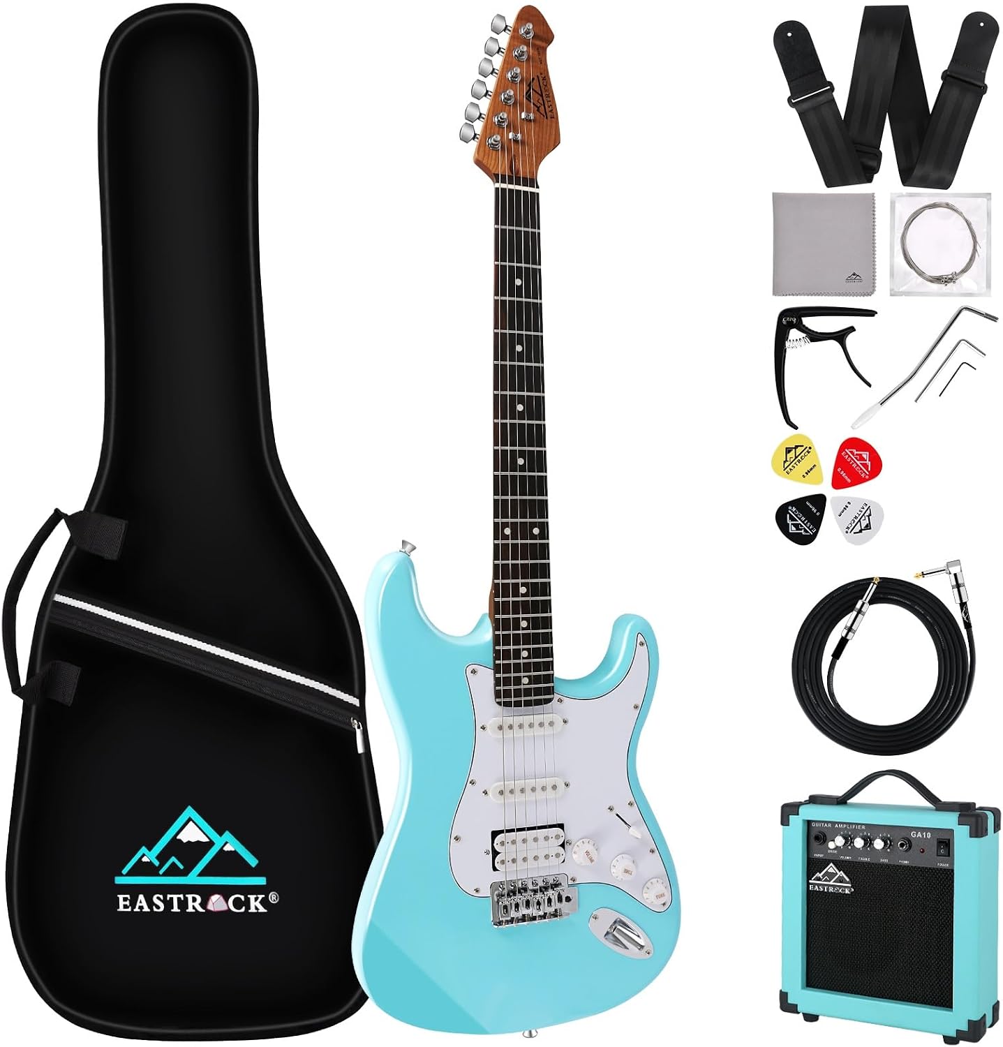 EASTROCK Electric Guitar 39 inch Full Beginner Starter kit Full Size with 10w Amp, Package All Accessories, Strings, Picks, Tremolo Bar, Strap, and Case Bag(Macaron blue)
