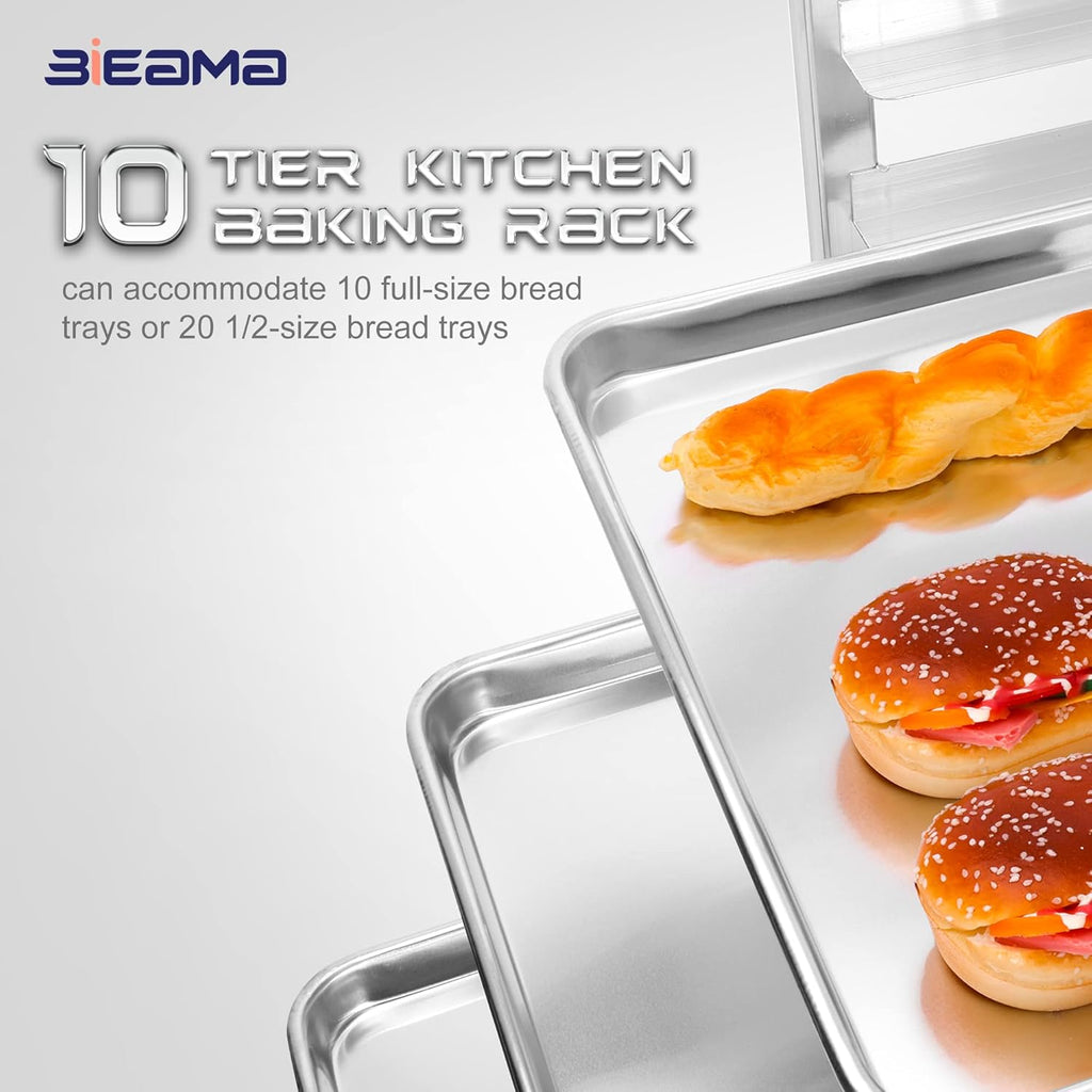 BIEAMA 10-Tier Sheet Pan Rack, NSF Bun Pan Rack, Aluminum Bakery Rack, Home Commercial Kitchen Bakery Cooling, 4 Wheels