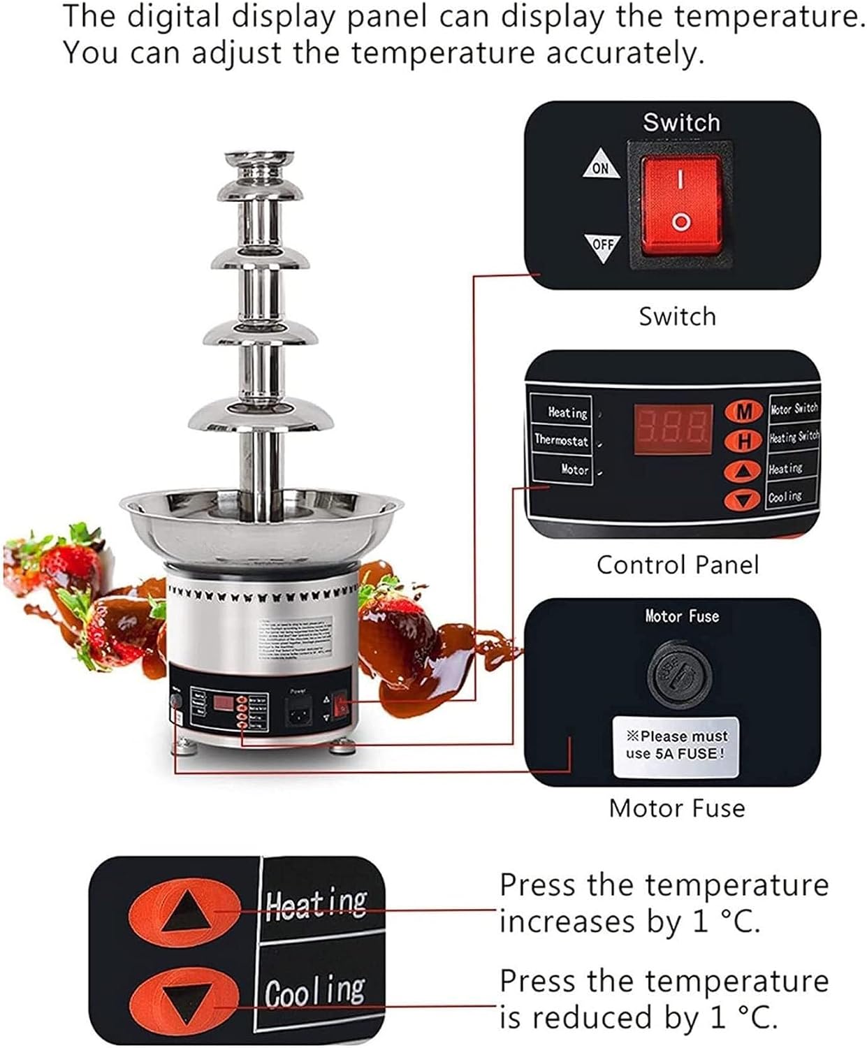 Chocolate Fountains,4/5/6Tiers Electric Chocolate Fountain Stainless Steel Fondue Waterfall Melting Machine with Temperature Control for Party Restaurant Wedding Buffet Equipment ( Color : 4Tier )