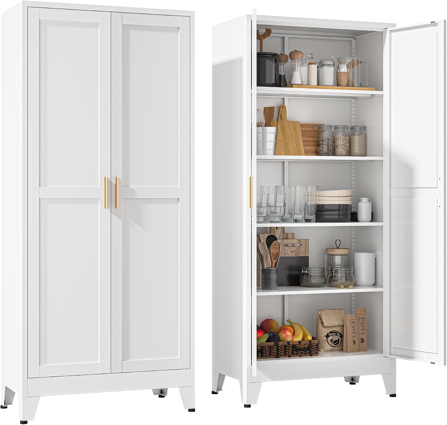 YAUWOH 71''Metal Cabinet with 4 Adjustable Shelves,5-Tier Pantry Storage Cabinet,Kitchen Pantry Cabinet for Living Room,Dining Room, (1PC,White)